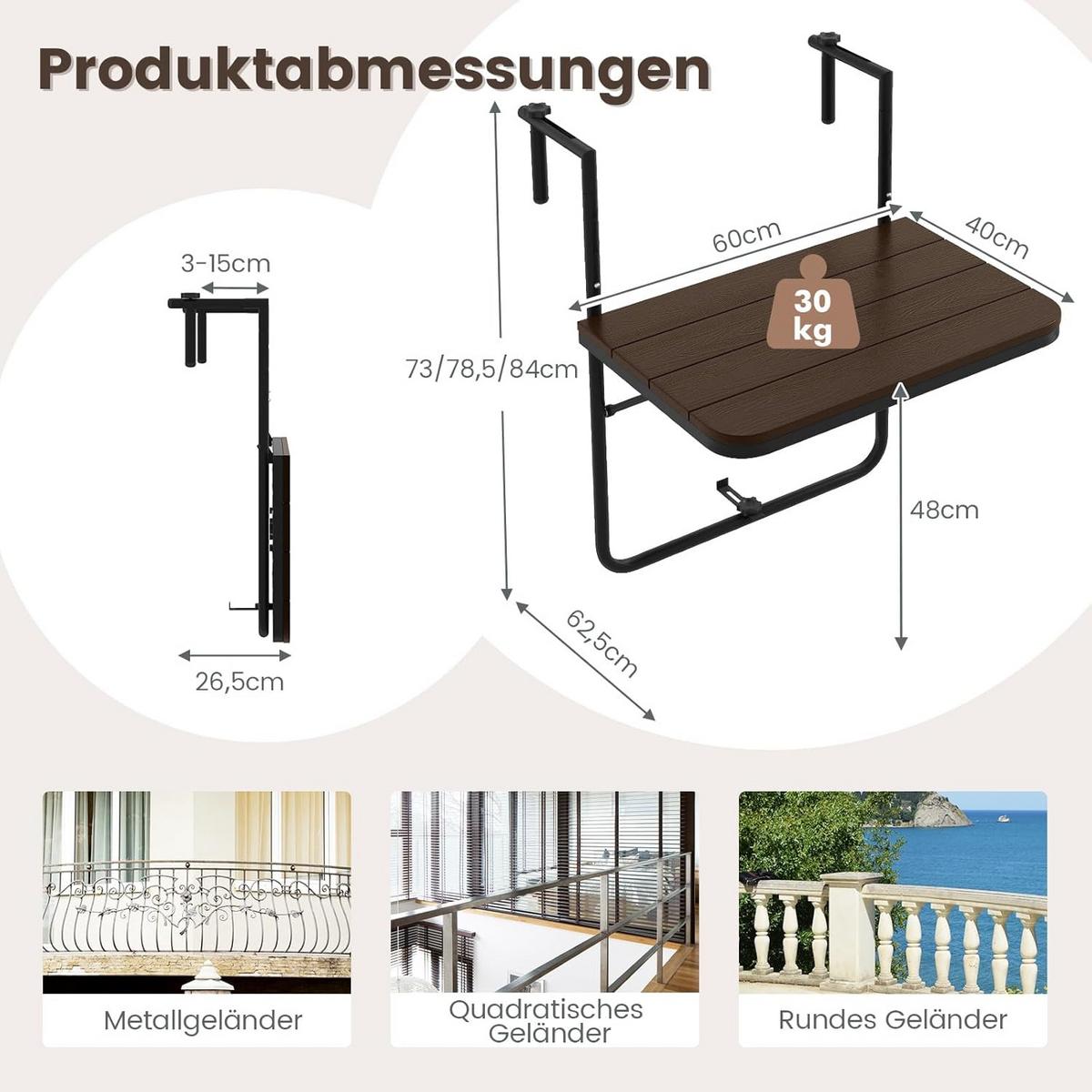 BALKONHÄNGETISCH Kaffee - Braun, Kunststoff (40/60/84cm) - COSTWAY