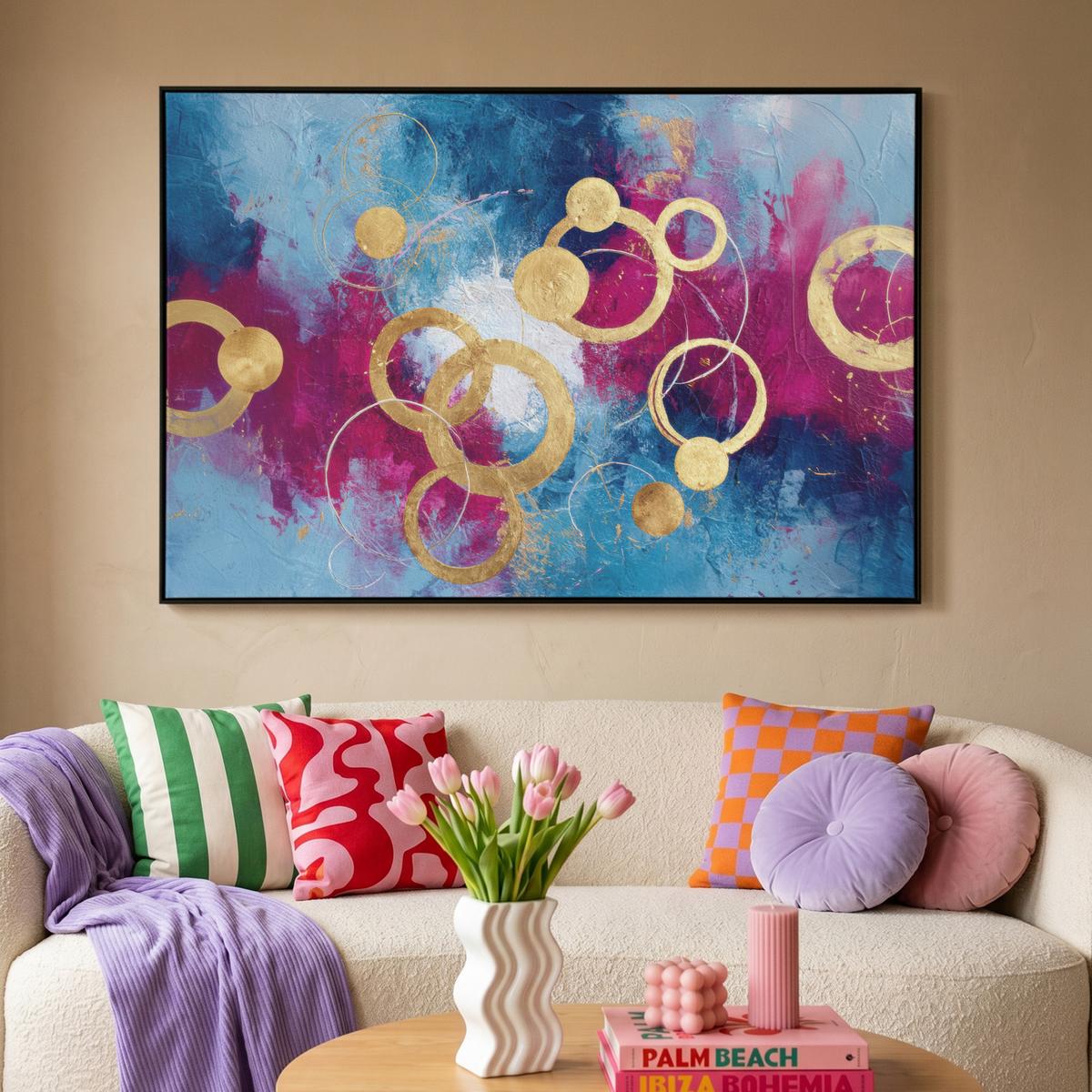 LEINWAND Bilder mit Rahmen - Kreise - Gold - Abstrakt - 150x100 - Blau, Textil (150/100cm) - MuchoWow