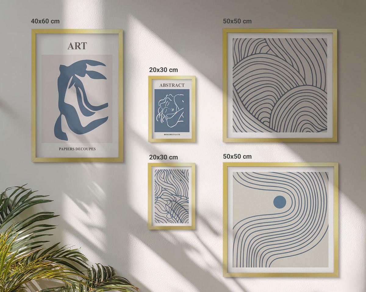 BILDER SET 5er Set - 50x50 cm & 20x30 cm & 40x60 cm Goldrahmen - Abstrakte blaue Linien - Goldfarben, Kunststoff (40/60cm) - TULUP