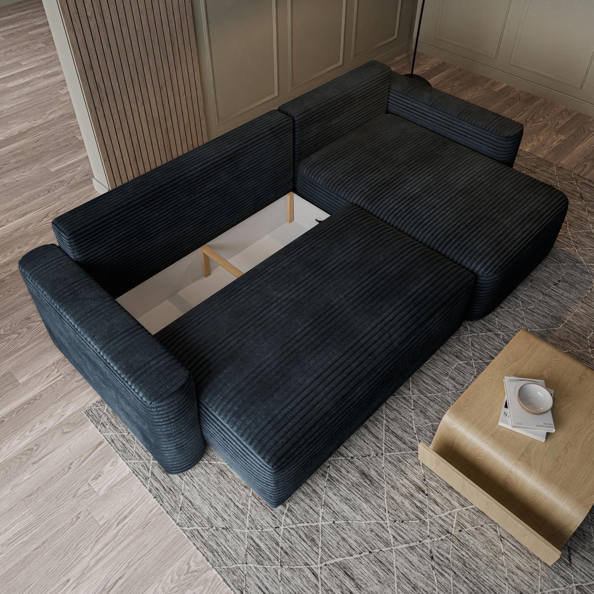 ECKSOFA NERI T Schwarz Kordstoff mit Schlaffunktion - Schwarz, Holzwerkstoff/Textil (280/157cm) - MASSENO