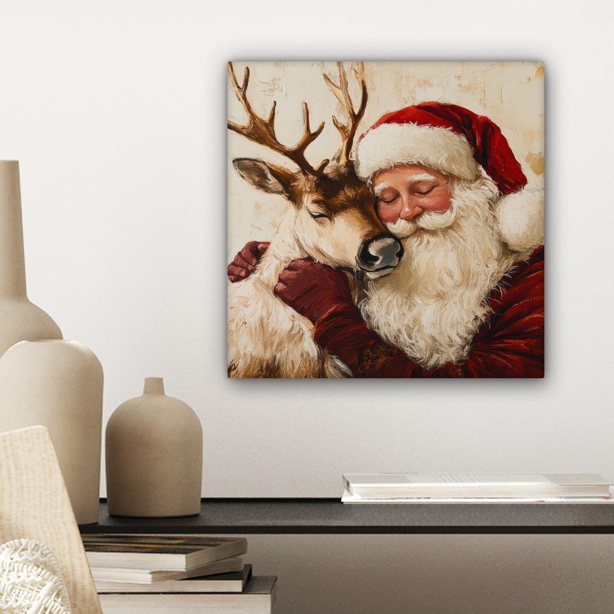 LEINWANDBILD Weihnachtsmann - Rentier - Weihnachten Deko Wohnzimmer 20x20 cm - Rotbraun, Textil (20/20cm) - MuchoWow