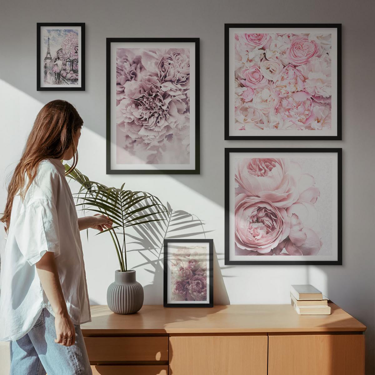 BILDER SET 5er Set - 50x50 cm & 20x30 cm & 40x60 cm Schwarzer Rahmen - Rosa Blumen, romantische Landschaft - Schwarz, Kunststoff (40/60cm) - TULUP