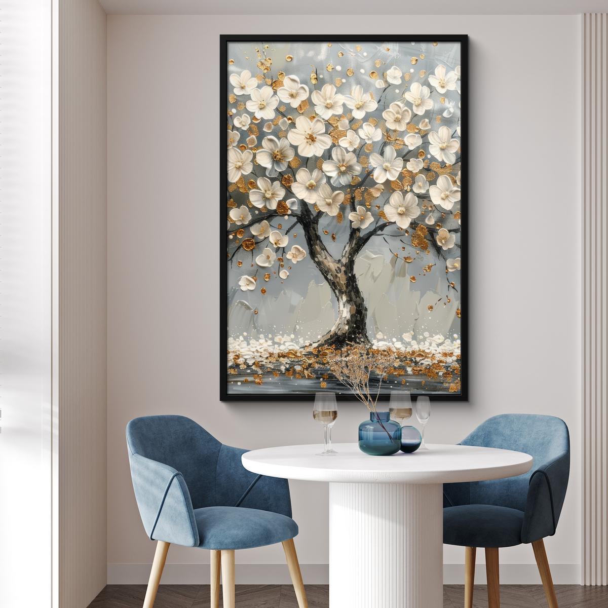 POSTER MIT RAHMEN Baum - Blumen - Weiß - Natur - Kunst Bilderleiste 80x120 cm - Weiß, Papier (80/120cm) - MuchoWow