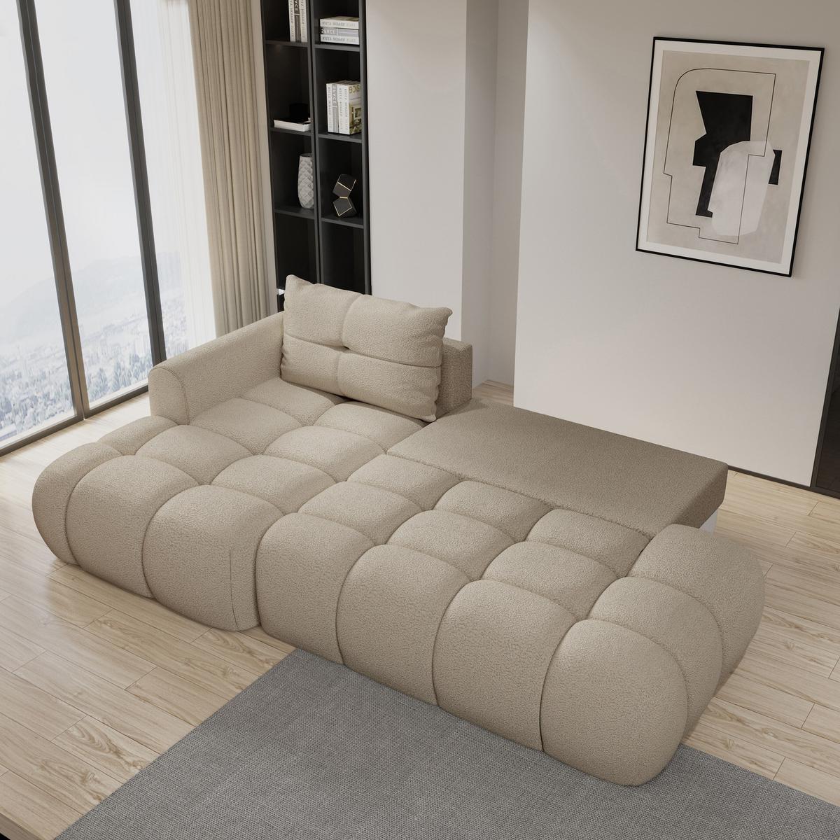 ECKSOFA FLUMA L-S Beige Boucle-Stoff mit Schlaffunktion - Beige, Holz (279/158cm) - MASSENO
