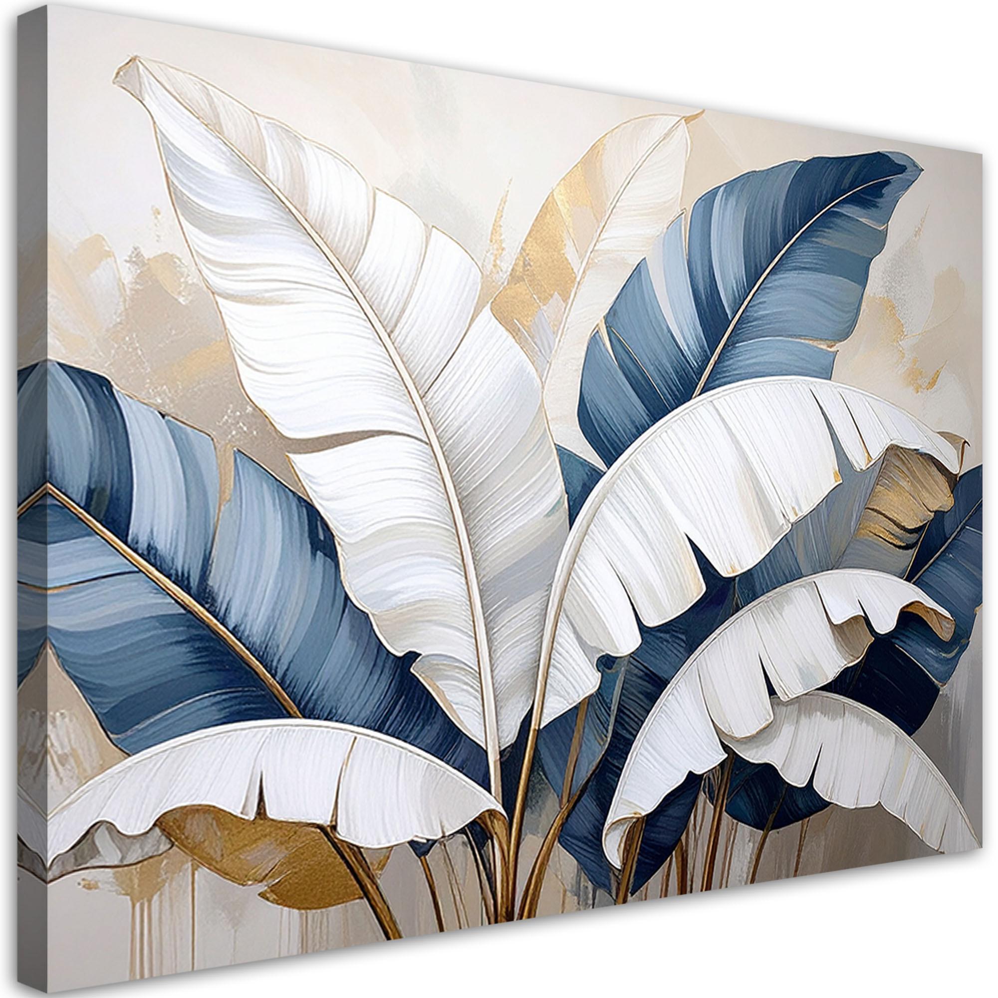 BILD auf Leinwand, Bananenblätter Natur Pflanzen weiß beige - Blau, Textil (120/80cm) - Feeby
