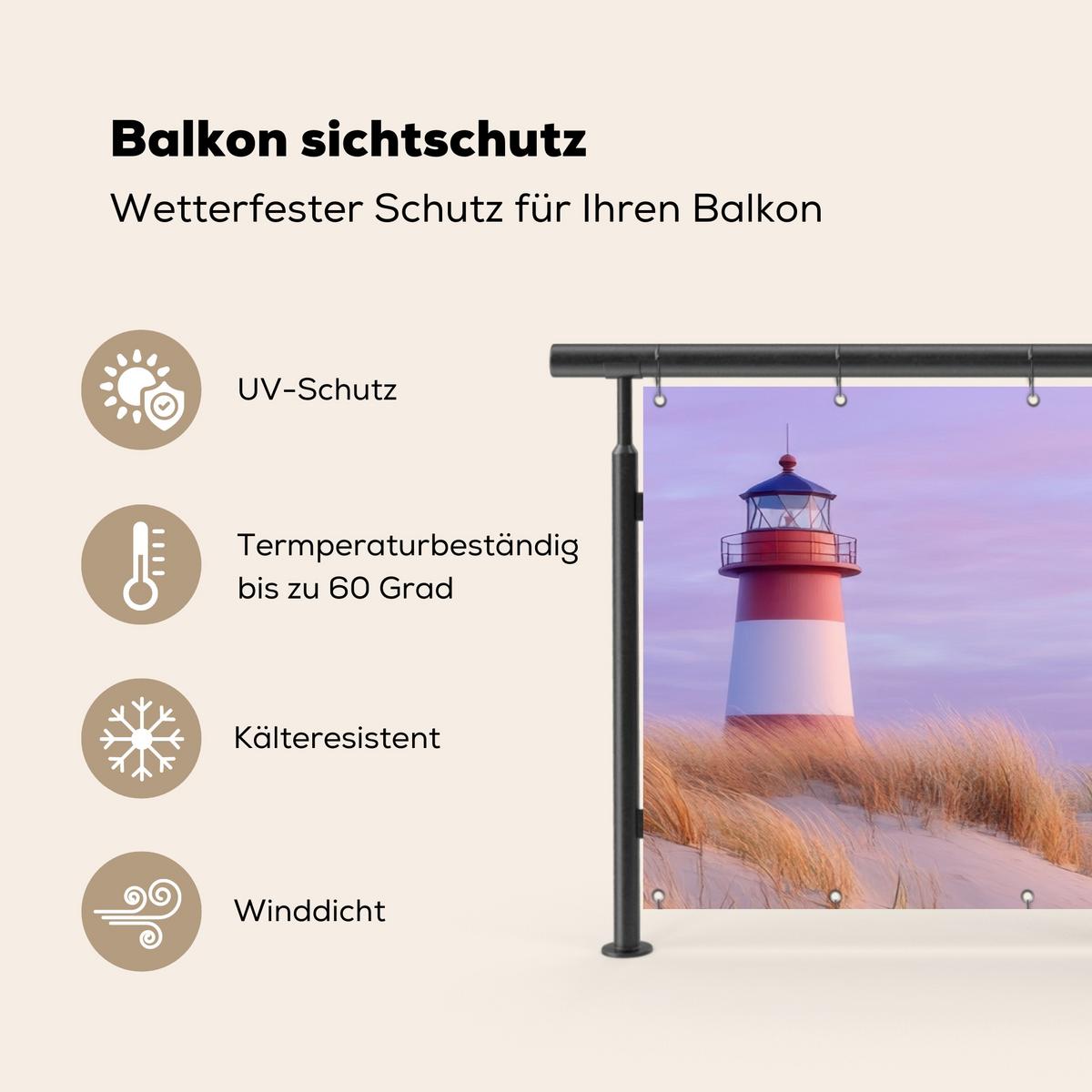 BALKON-SICHTSCHUTZ Leuchtturm - Dünen - Sonnenuntergang Balkon Deko 300x130 cm - Hellrosa, Kunststoff (300/130cm) - MuchoWow