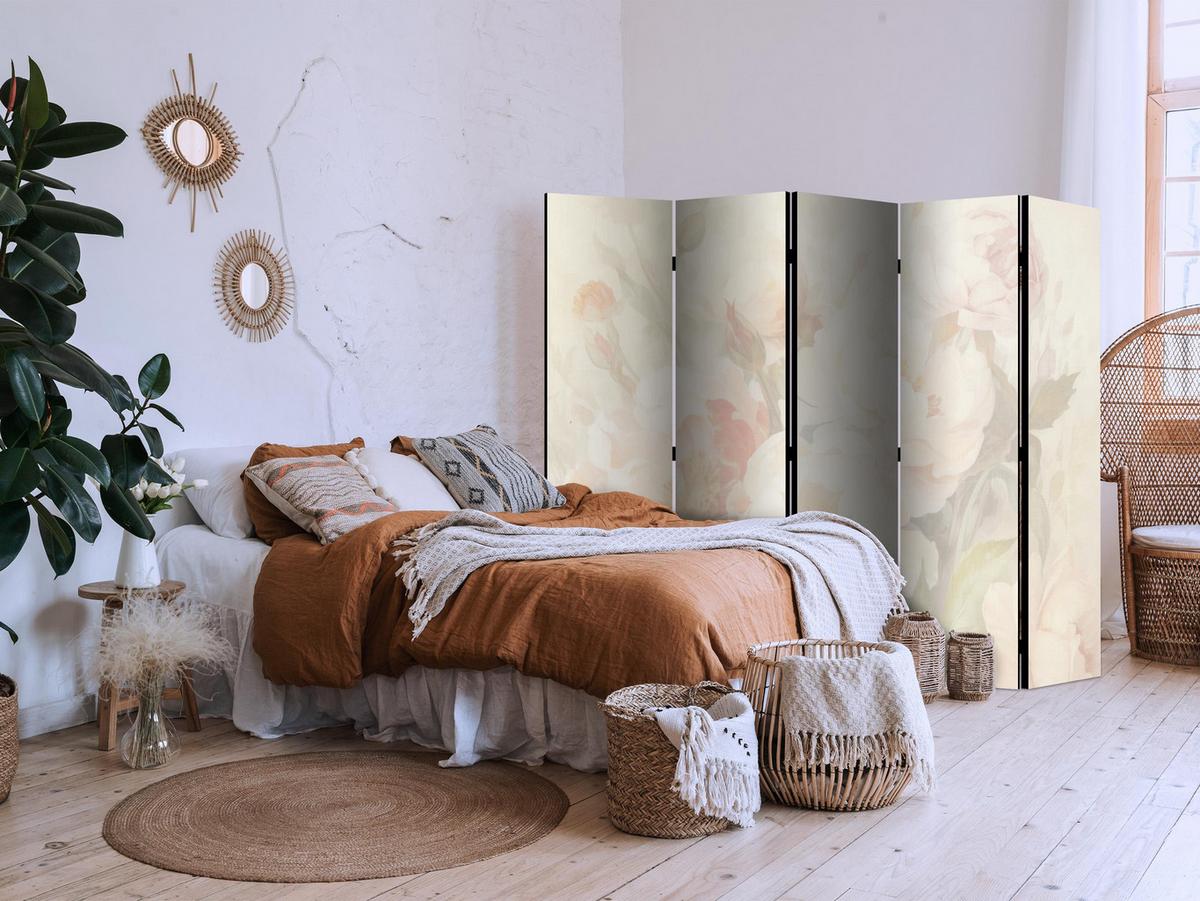 PARAVENT Akustik 5-tlg 225x172 cm Pfingstrosen Blumen - Beige, Holz/Textil (225/172/3cm) - Muralo
