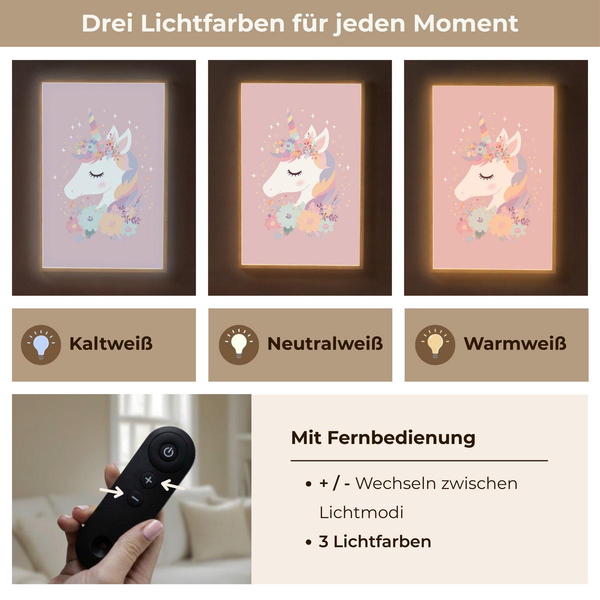 WANDLEUCHTE MIT AKKU Einhorn - Rosa - Blumen 70x100 cm - Rosa, Holzwerkstoff (70/100/8cm) - OnlyWow