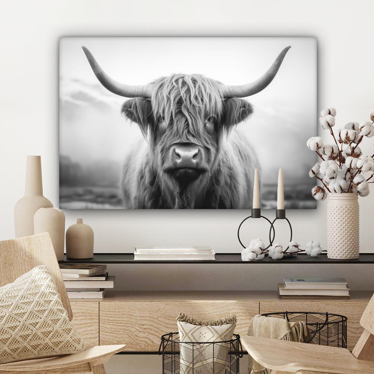 LEINWANDBILD Schottischer Highlander - Nebel - Schwarz - Weiß Gemälde 60x40 cm - Grau, Textil (60/40cm) - MuchoWow