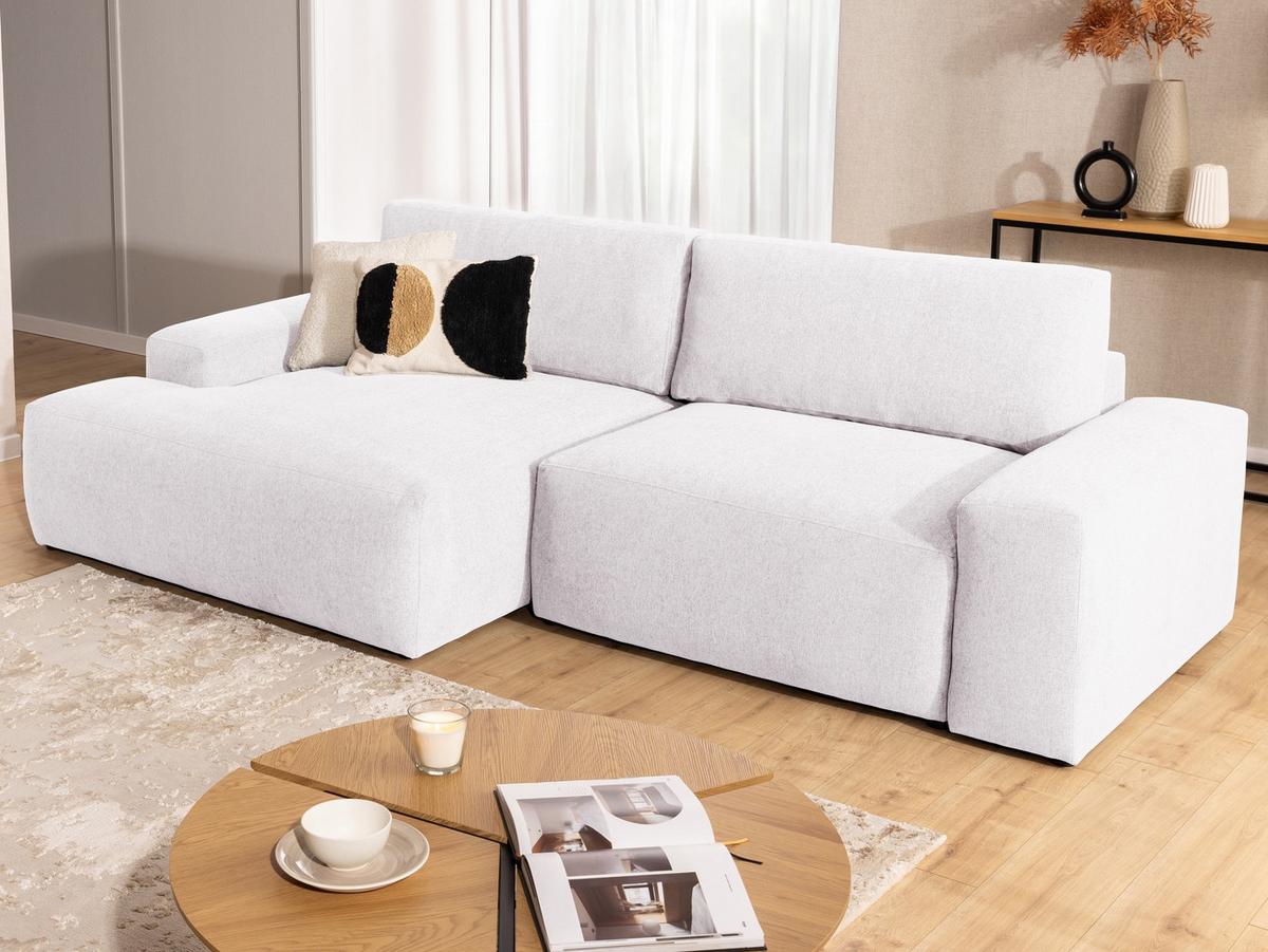 ECKSOFA Lennon aus Creme Strukturstoff mit Schlaffunktion und Bettkasten - Creme/Schwarz, Holz/Kunststoff (137/264cm) - S-Style