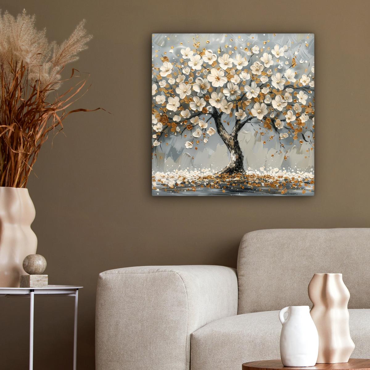 LEINWANDBILD Baum - Blumen - Weiß - Natur - Kunst Wandbild Wohnzimmer 50x50 cm - Weiß, Textil (50/50cm) - MuchoWow