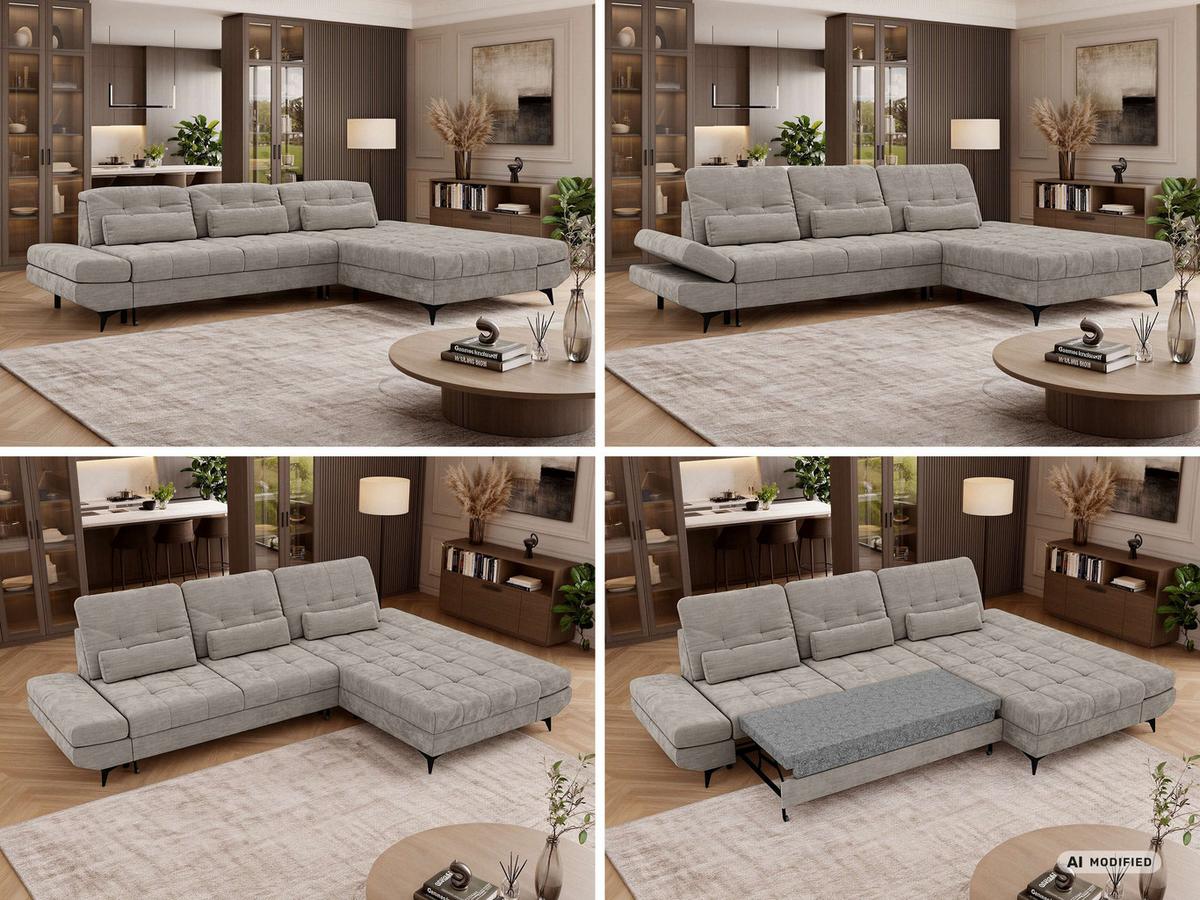 ECKSOFA ALVENO L - Hellgrau Schenille glatt - Rechts Seite - Hellgrau/Schwarz, Textil/Metall (344/218cm) - MKS