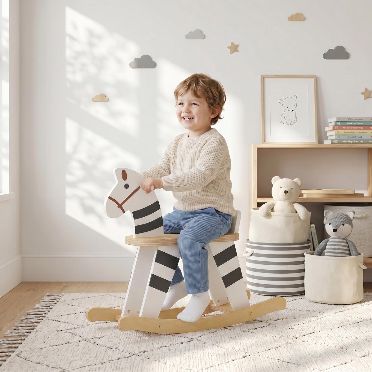 KINDERSCHAUKELPFERD MDF Mehrschichtplatte Schwarz Weiß - Schwarz, Holzwerkstoff (26/53/68cm) - AIYAPLAY