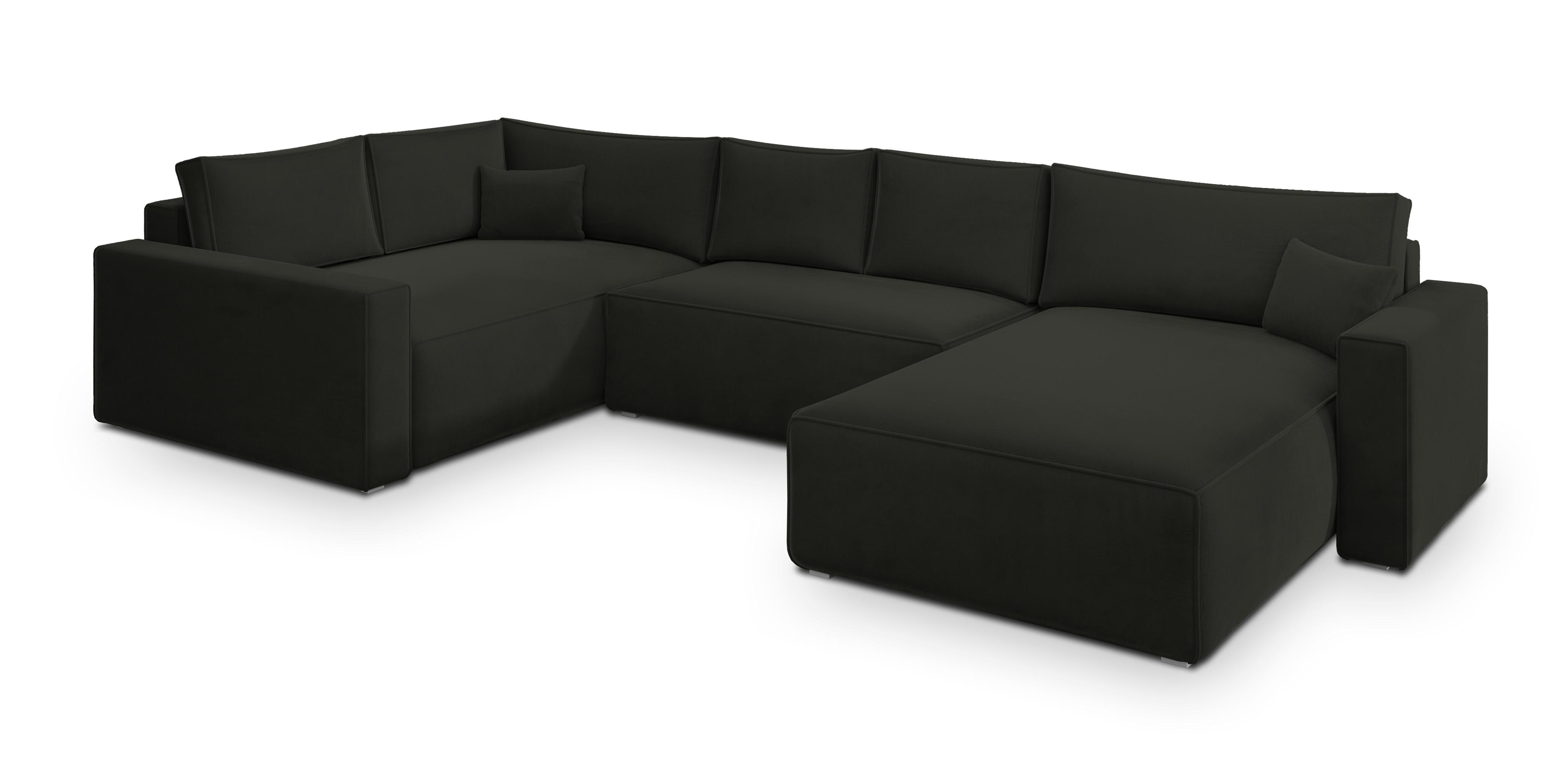 WOHNLANDSCHAFT VELAMI L-S Schwarz Velours-Stoff mit Schlaffunktion - Schwarz, Holz (365/83/194cm) - MASSENO