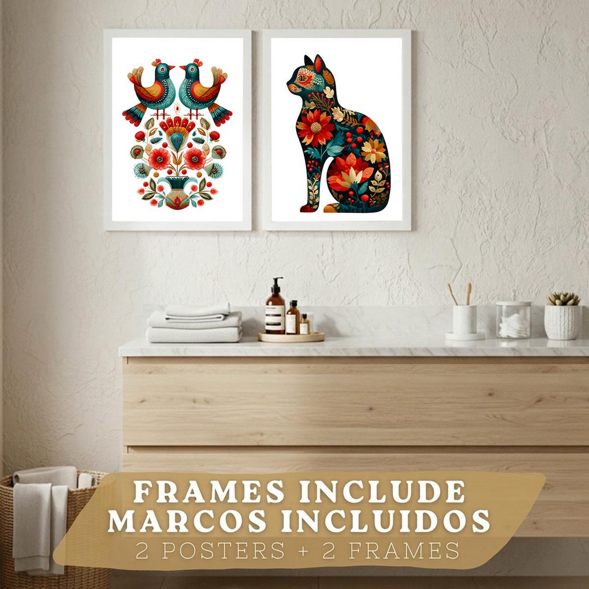 POSTER 2er-Set dekorative Badezimmer-Kunstdrucke, im Stil der Volkskunst für Wand, Toilette mit Vögeln und elegantem Blumen-Katzen Weißer Rahmen A3 - Weiß, Papier (42/29.7/3cm) - Nacnic