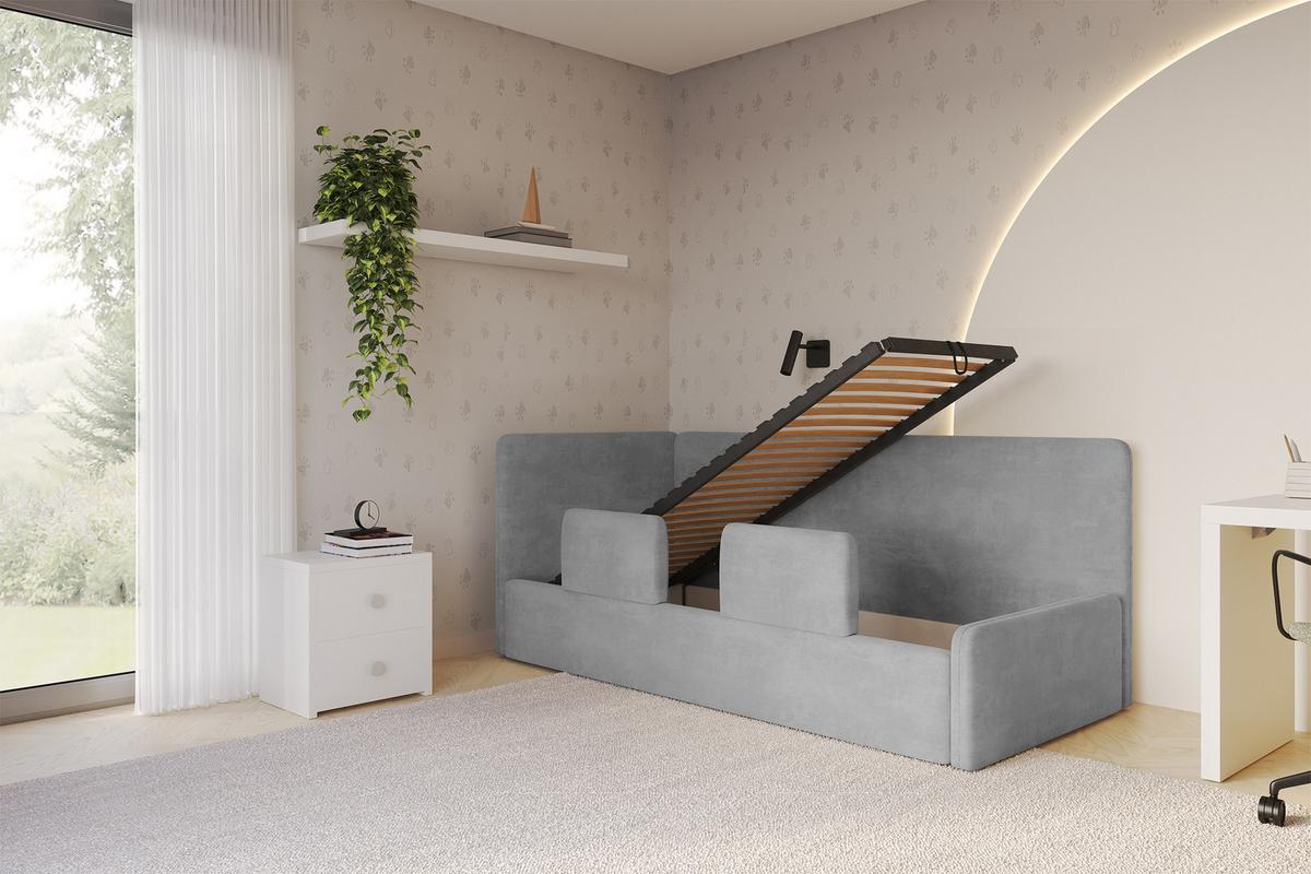 EINZELLBETT Jugendbett mit Bettkasten, Rechts - NORY 100x200 Grau - Silberfarben, Holzwerkstoff/Textil (100/200cm) - ALTDECOR