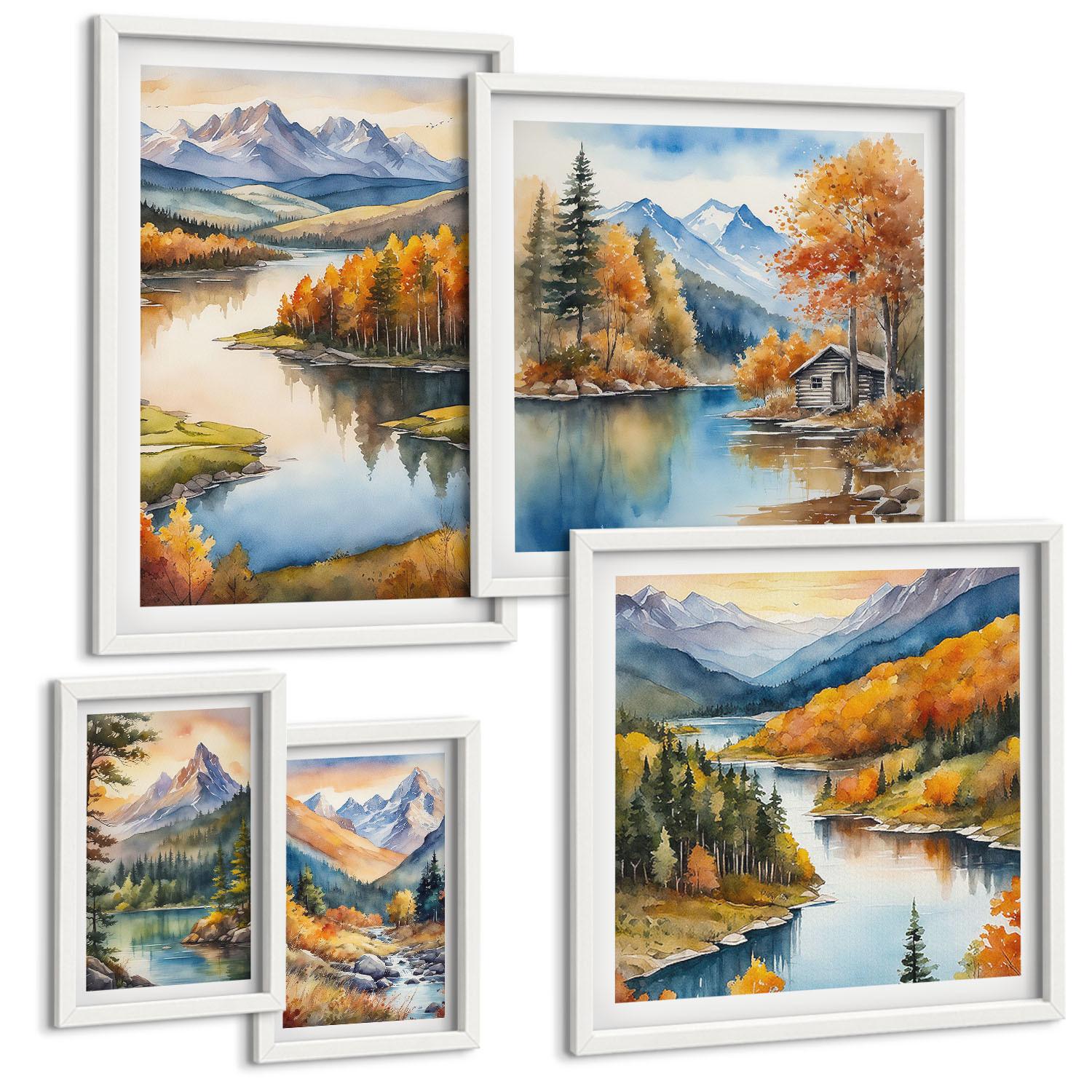 BILDER SET 5er Set - 50x50 cm & 20x30 cm & 40x60 cm Weißer Rahmen - Berglandschaft mit einem Fluss - Weiß, Kunststoff (40/60cm) - TULUP