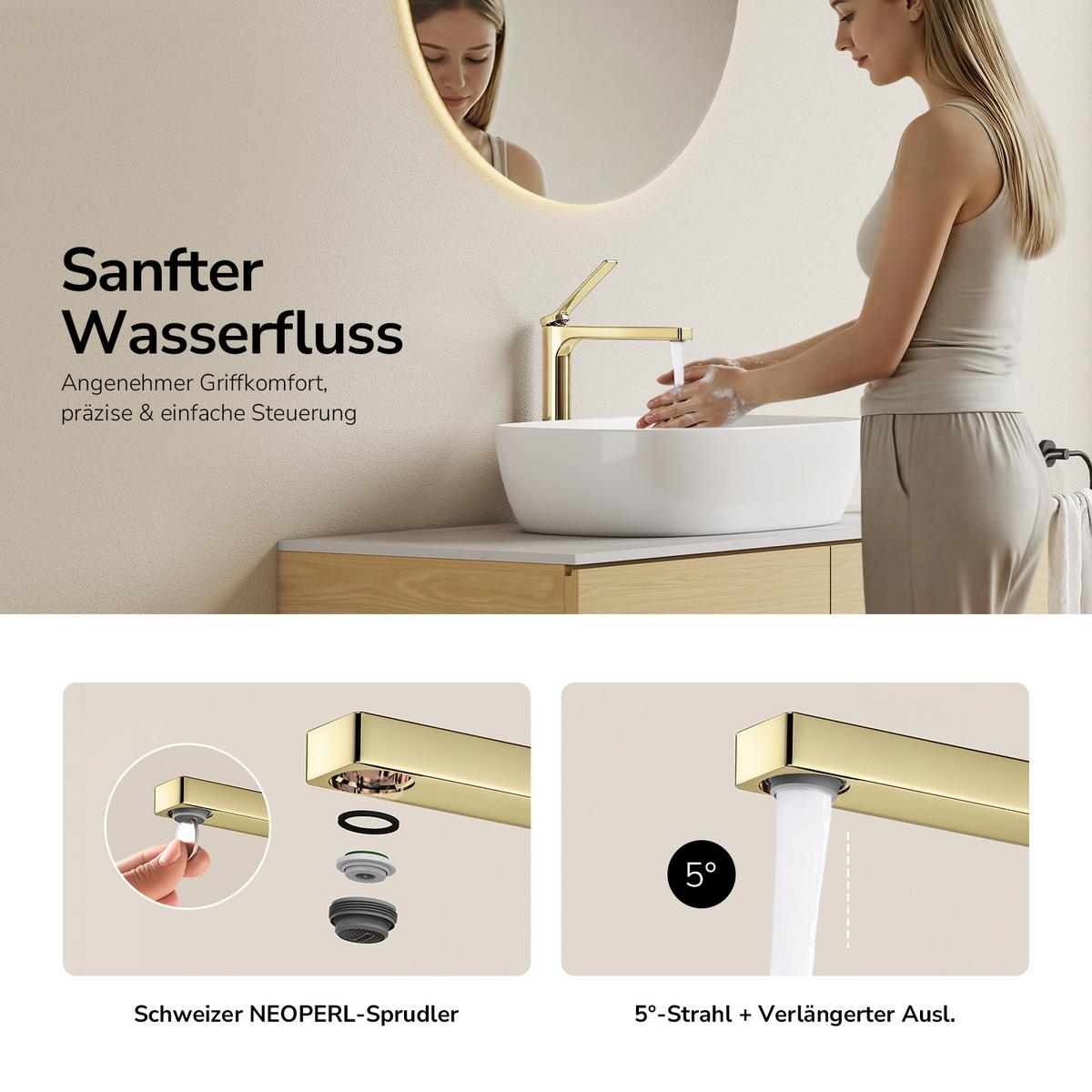 WASCHTISCHARMATUR mit Zertifiziertem Filterelement Champagnergold Hoher Stil - Goldfarben, Metall (23.3/4.6/33.5cm) - EMKE