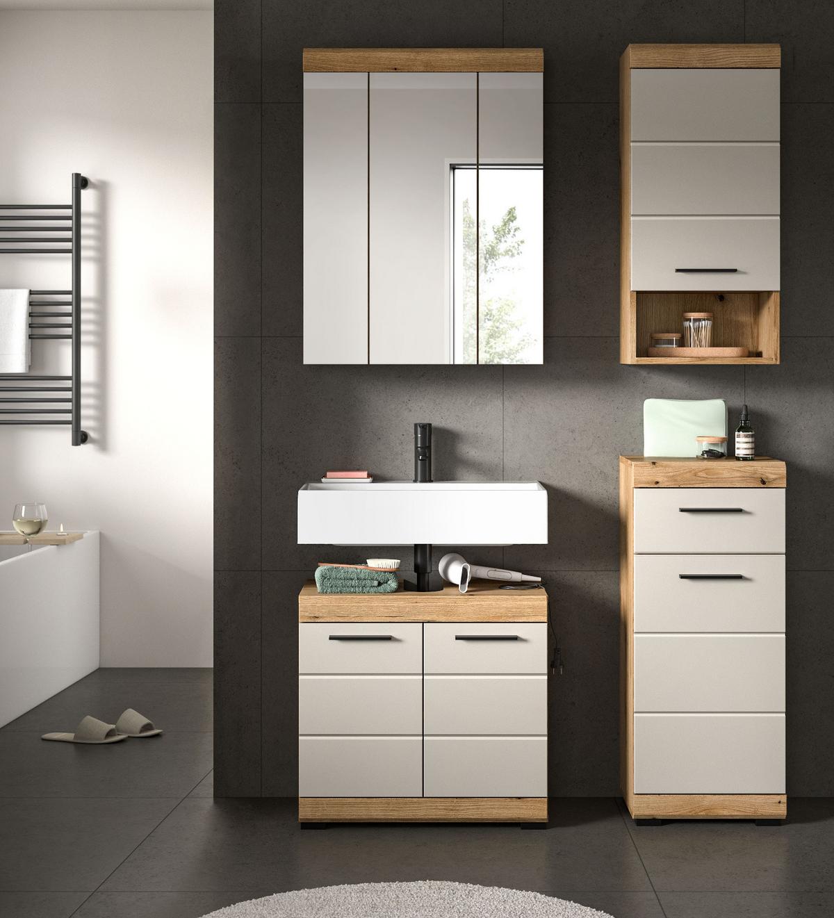 BADKOMMODE Sand Kashmir, Eiche, Badschrank 37 x 88 cm mit Vollauszug - Kastanienfarben/Kaschmir, Holzwerkstoff/Kunststoff (37/88/31cm) - Inn.Furn