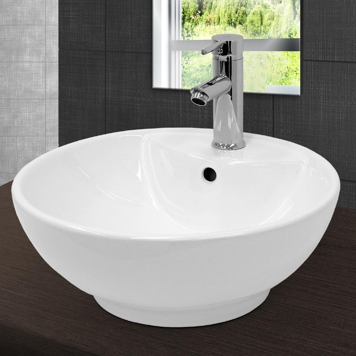 WASCHBECKEN Ø455x185 mm rund aus Keramik in Weiß mit Ablaufgarnitur Weiß - Weiß, Keramik (45.5/18.5/45.5cm) - ECD-Germany