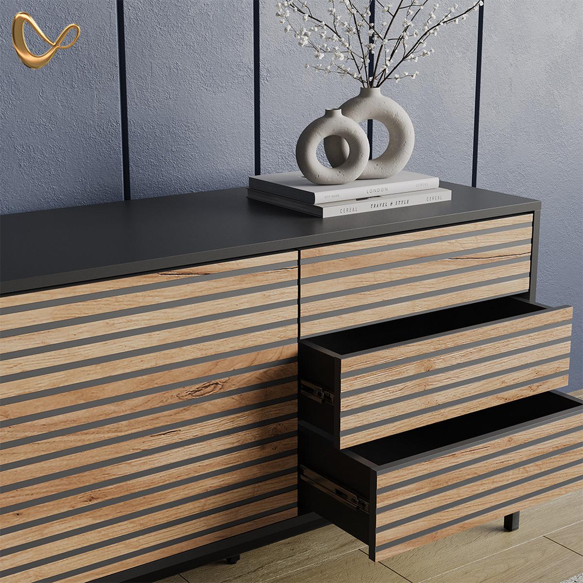 LOWBOARD Aterno Goldkraft Eiche/Anthrazit 150 x 60 cm mit 3 Schubladen - Honigeiche/Anthrazit, Holzwerkstoff (150/60/40cm) - Livinity®