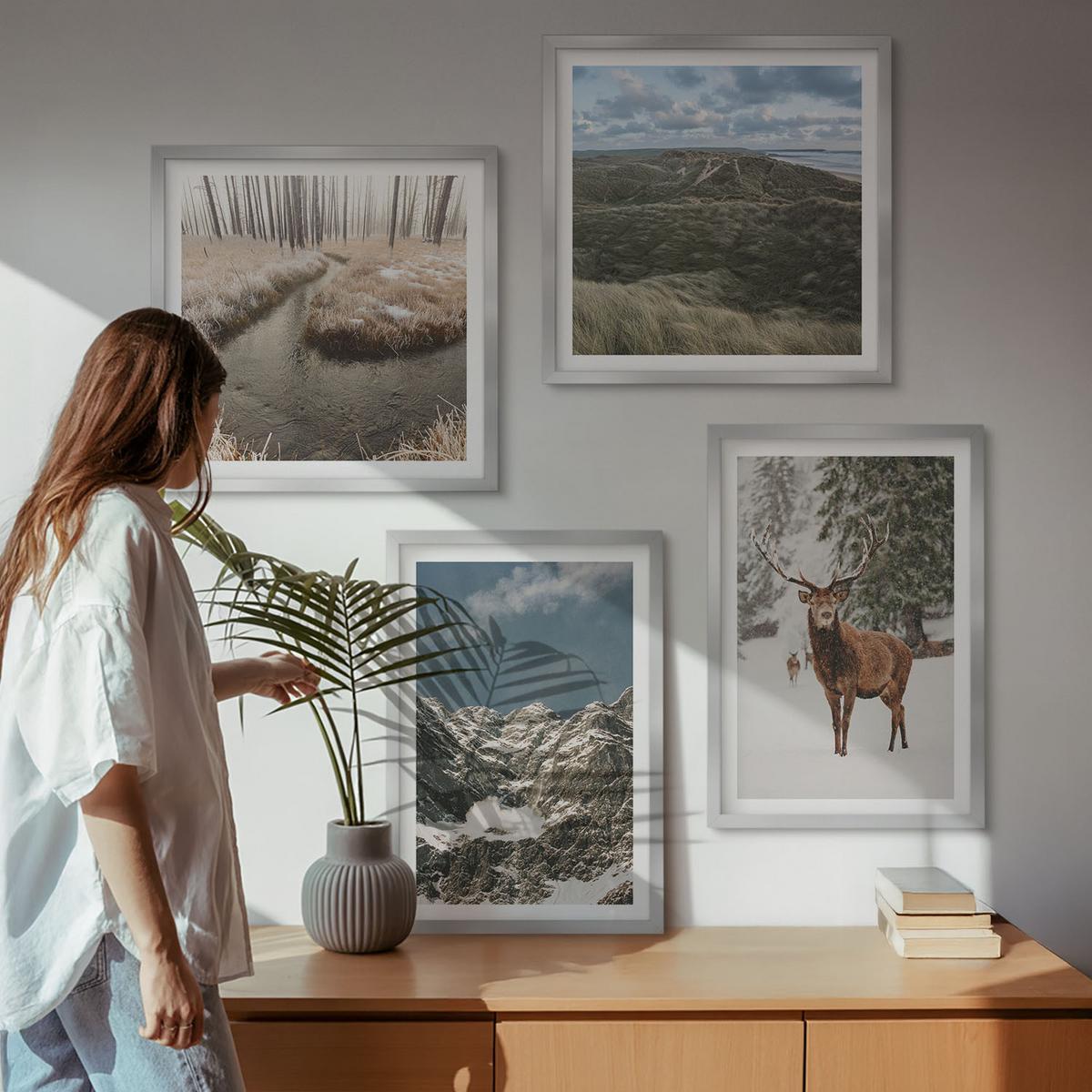 BILDER SET 4er Set - 50x50 cm & 40x60 cm Silberner Rahmen - Berge, Schnee, Hirsche, Waldlandschaft - Silberfarben, Kunststoff (50/50cm) - TULUP