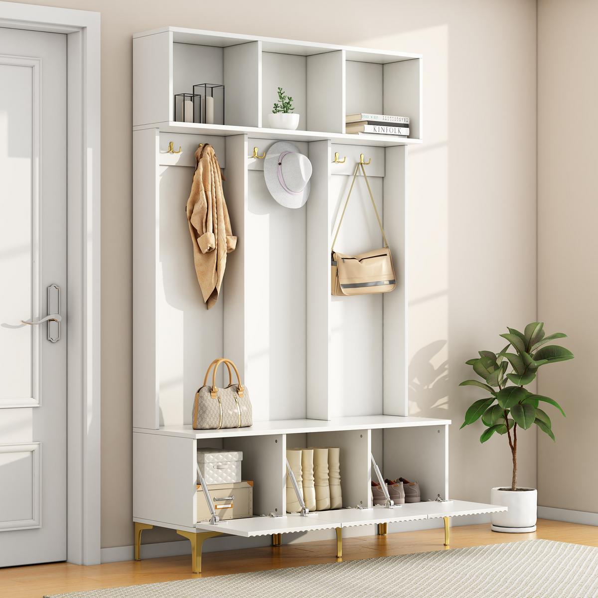 GARDEROBEN weiß & gold, mit sitzbank und 6 haken - Weiß, Holzwerkstoff (120/191/40cm) - Urban Meuble