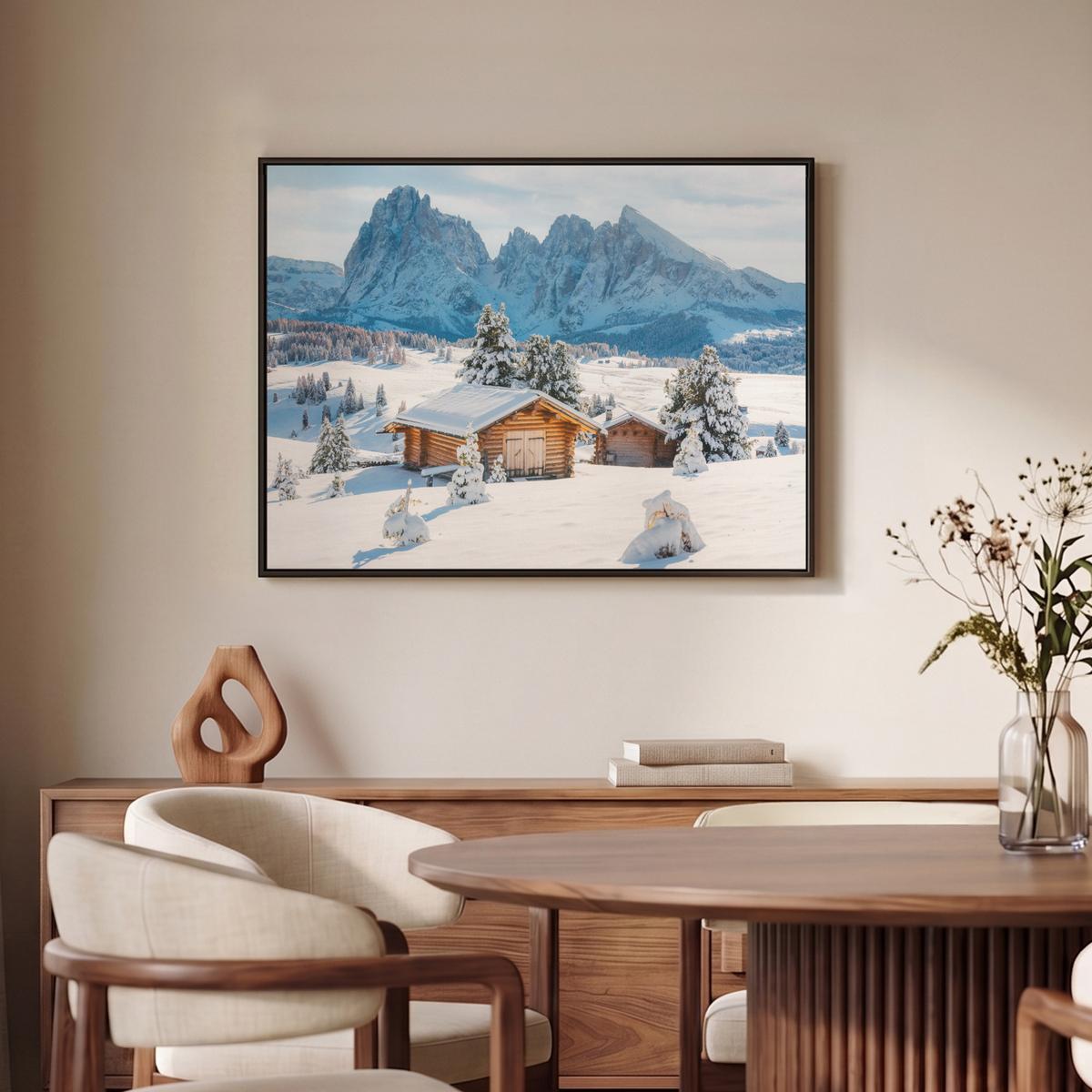 LEINWAND Bilder mit Rahmen - Winter - Hütte - Berge - Aussicht - Schnee - 70x50 - Eichefarben, Textil (70/50cm) - MuchoWow
