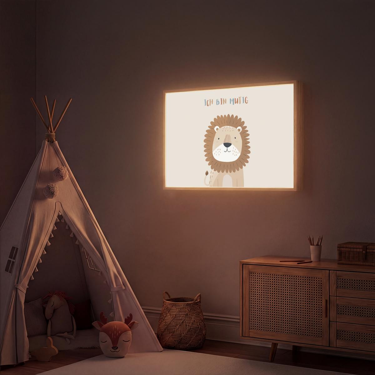 WANDLEUCHTE MIT AKKU Löwe - Beige - Tier - Mutig - Zitat 90x60 cm - Beige, Holzwerkstoff (90/60/8cm) - OnlyWow