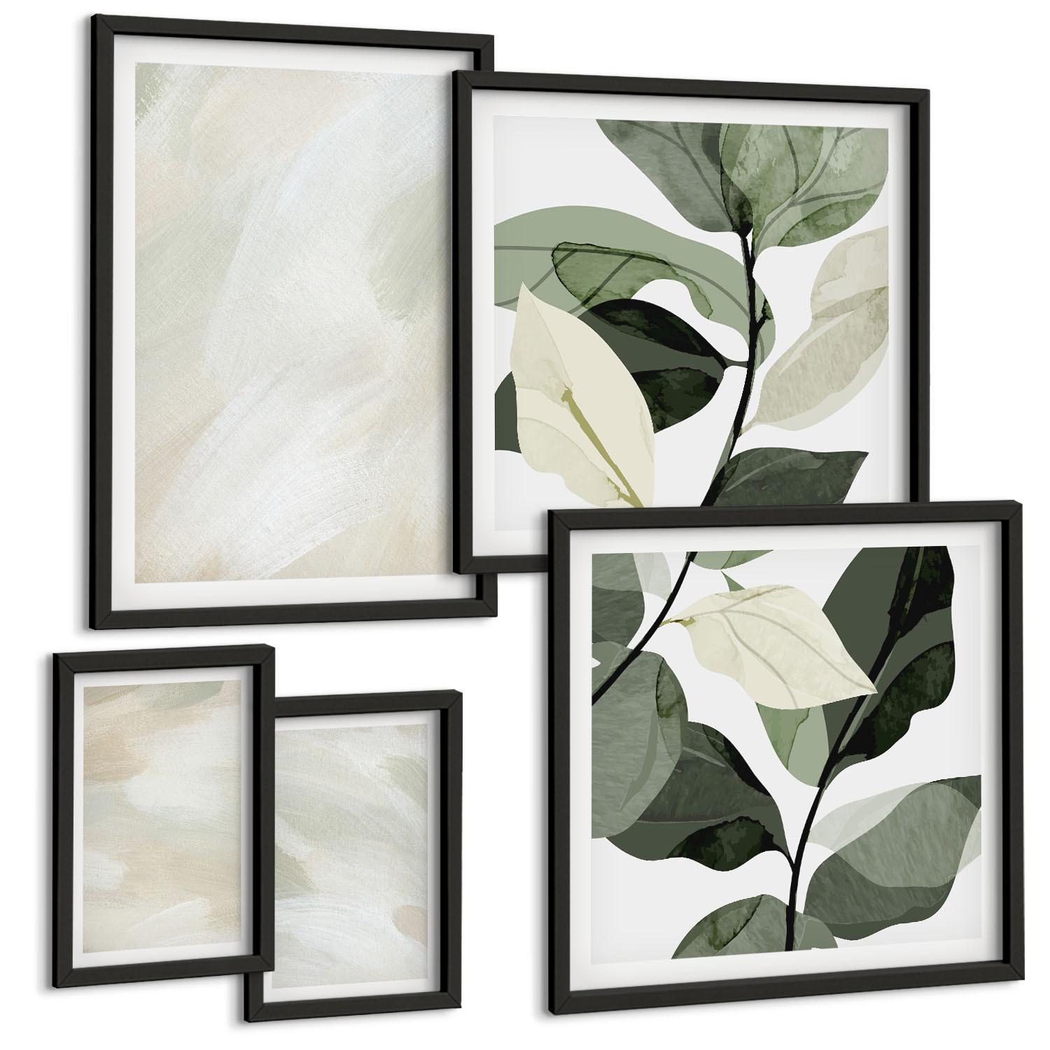 BILDER SET 5er Set - 50x50 cm & 20x30 cm & 40x60 cm Schwarzer Rahmen - Leuchtende, abstrakte Boho-Farben - Schwarz, Kunststoff (40/60cm) - TULUP