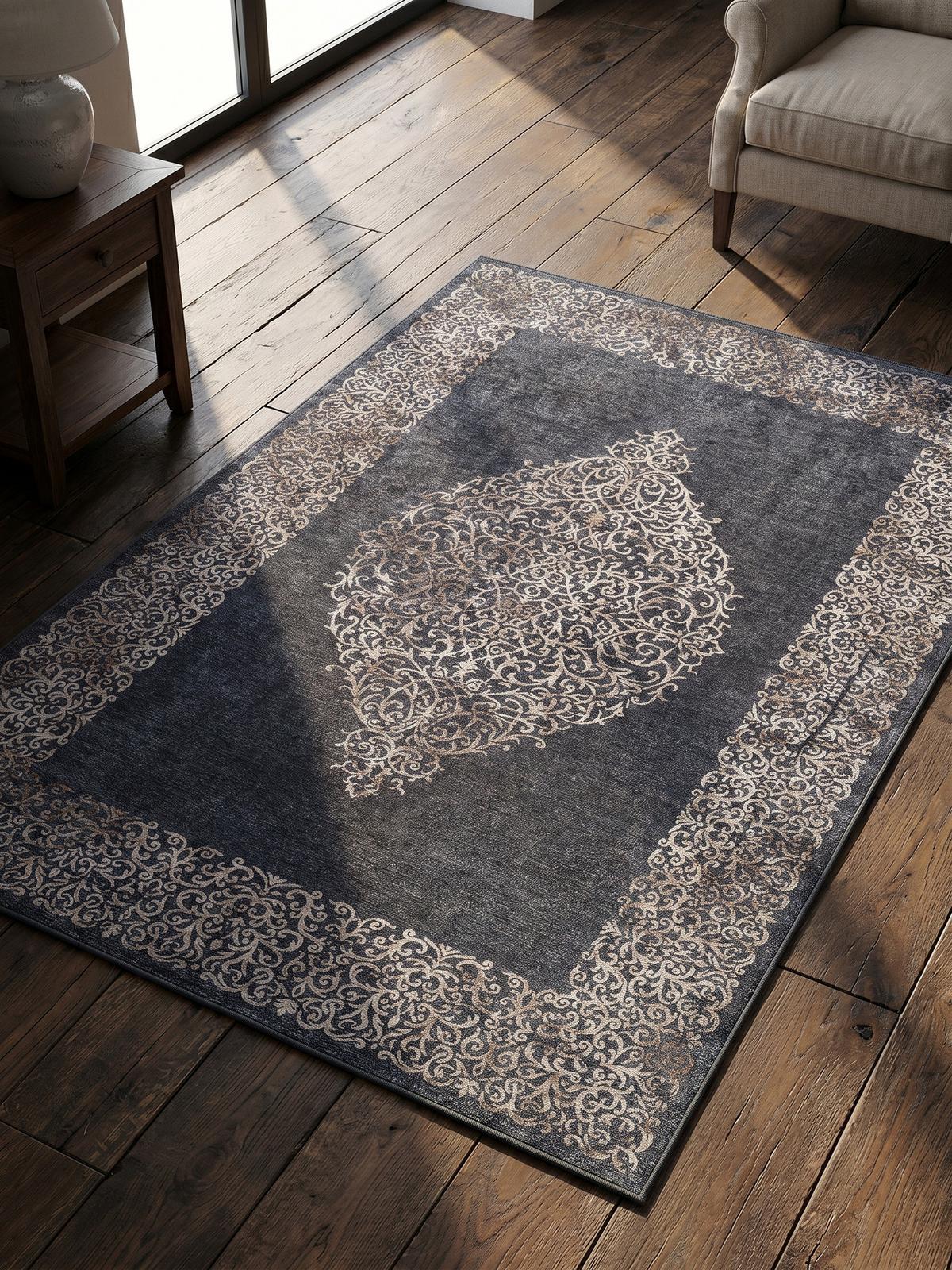 TEPPICH Flachgewebe Waschbar PIZOL in Schwarz, mit Barock-Motiv, 140 x 200 cm - Schwarz, Textil (200/140cm) - KADIMA DESIGN