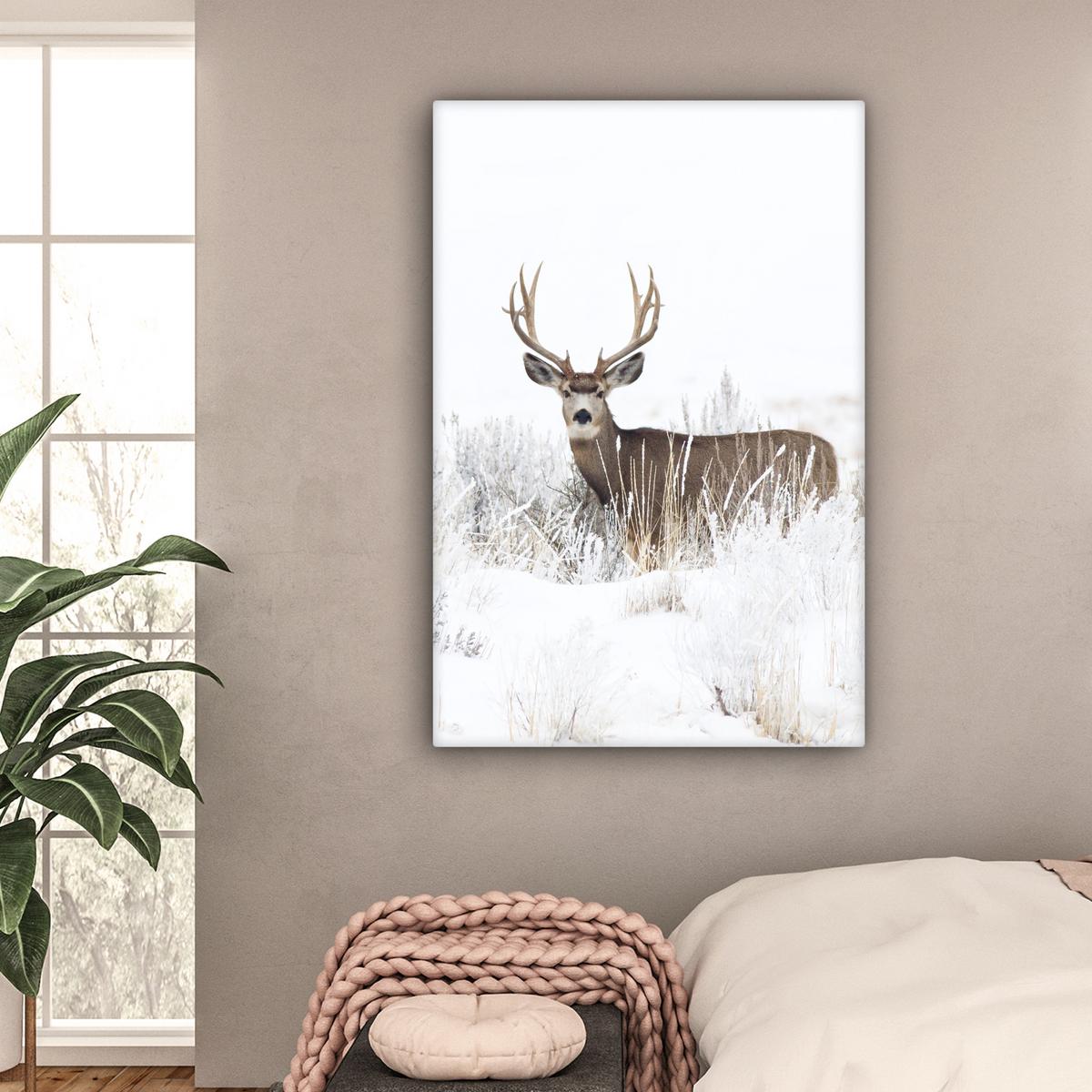 LEINWANDBILD Hirsche - Winter - Schnee - Tiere - Jahreszeiten - Weiß Deko XXL 80x120 cm - Hellbraun, Textil (80/120cm) - MuchoWow