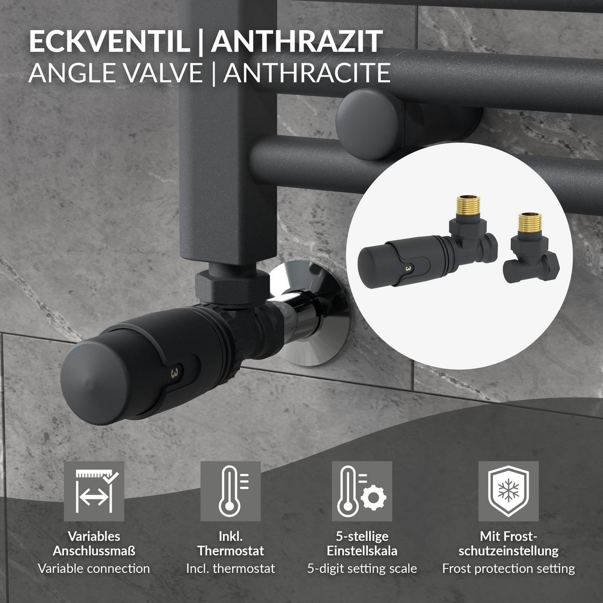 HEIZKÖRPERVENTIL 1/2 Zoll Heizungsventil für Heizkörper Eckventil Anthrazit - Anthrazit, Metall (3/3.9/4.3cm) - LuxeBath