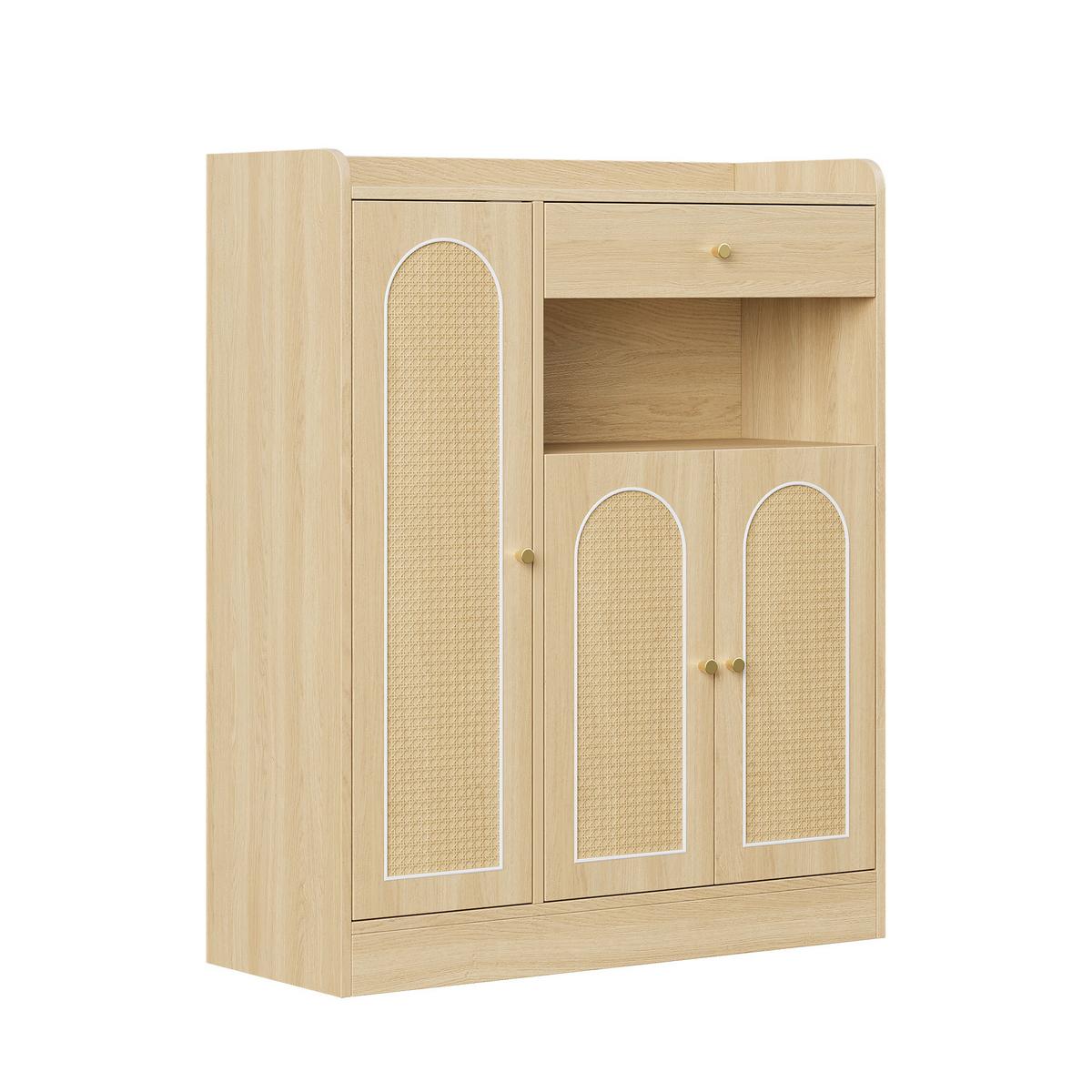 SCHUHSCHRANK in naturfarbener Eiche-Optik mit Rattantüren, 3 Türen & 1 Schublade - Naturfarben, Holzwerkstoff (90/110/35cm) - Urban Meuble