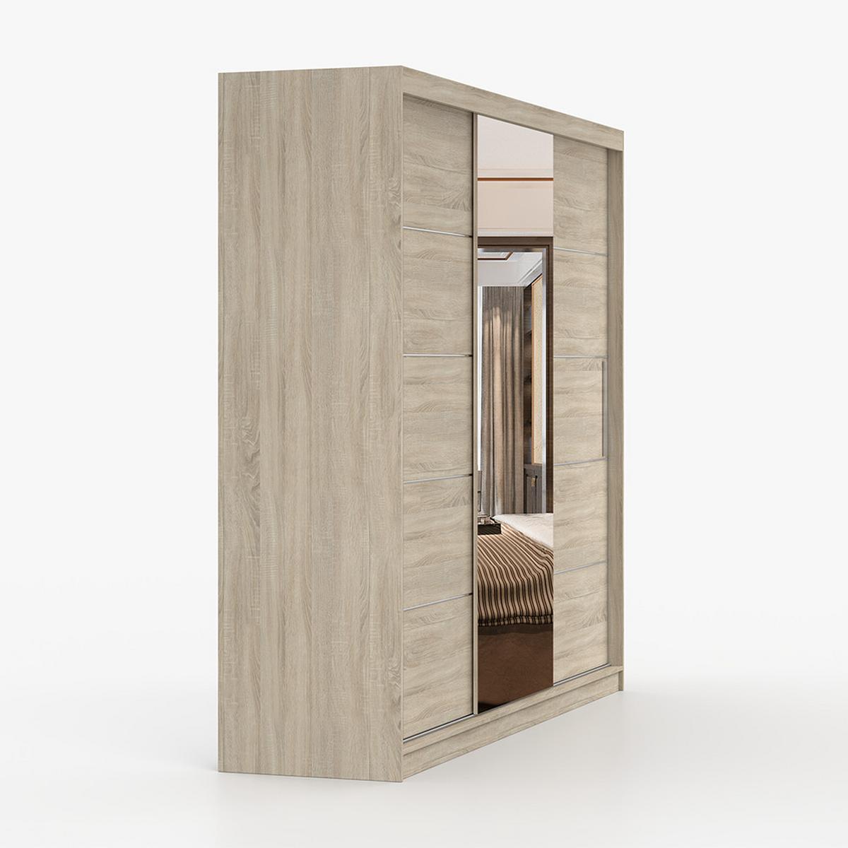 SCHWEBETÜRENSCHRANK Alba Sonoma Eiche/Sonoma Eiche + Spiegel, ohne LED Beleuchtung 250 cm - Alufarben/Sonoma Eiche, Glas/Holzwerkstoff (250/218/61cm) - imoebel24