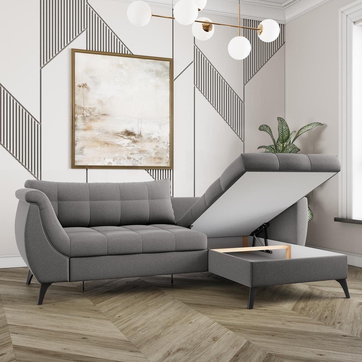 ECKSOFA MOLLIS Grau Geflochtener-Stoff mit Schlaffunktion - Grau, Holz (241/154cm) - MASSENO