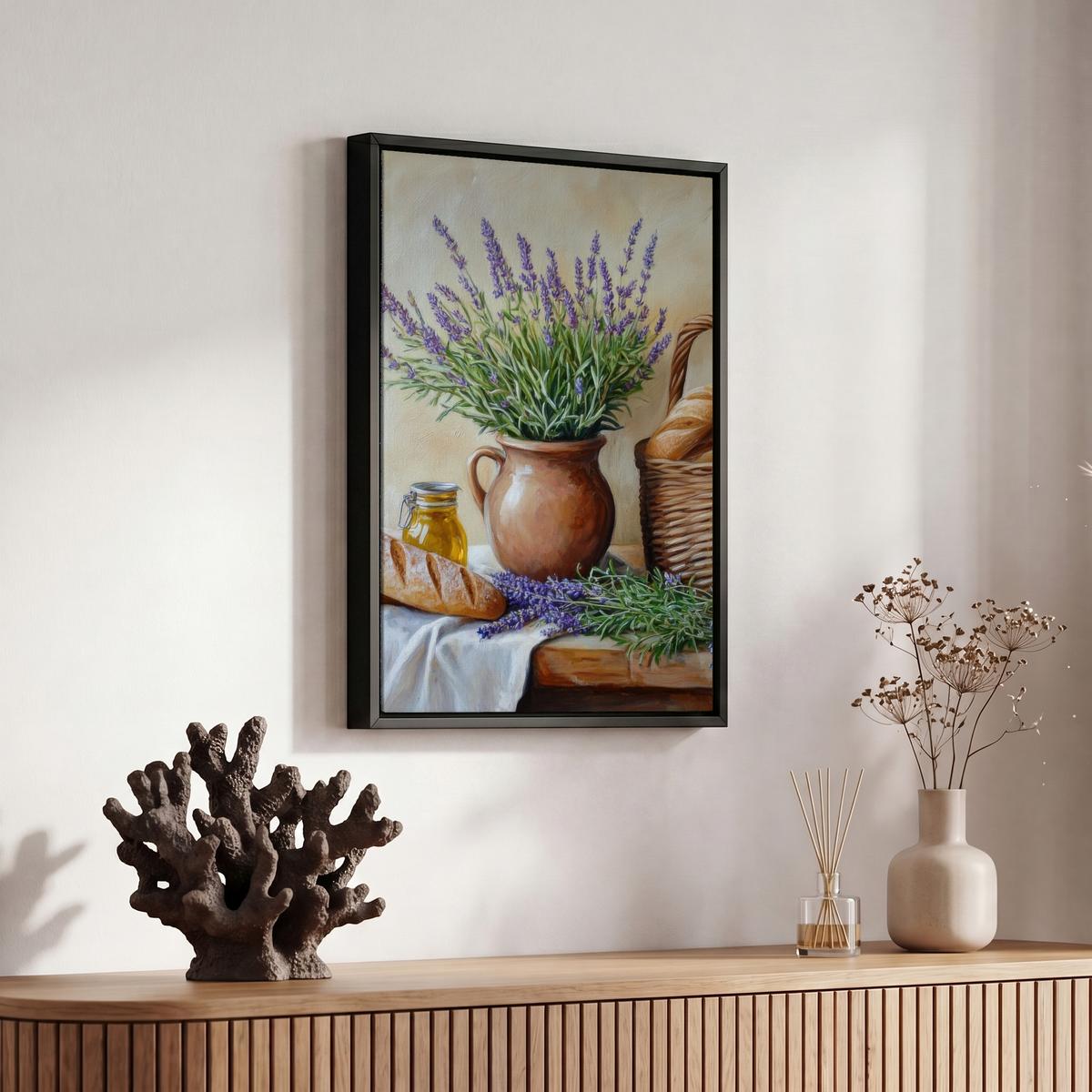 LEINWAND Bilder mit Rahmen - Lavendel - Brot - Stilleben - 20x30 - Flieder, Textil (20/30cm) - MuchoWow
