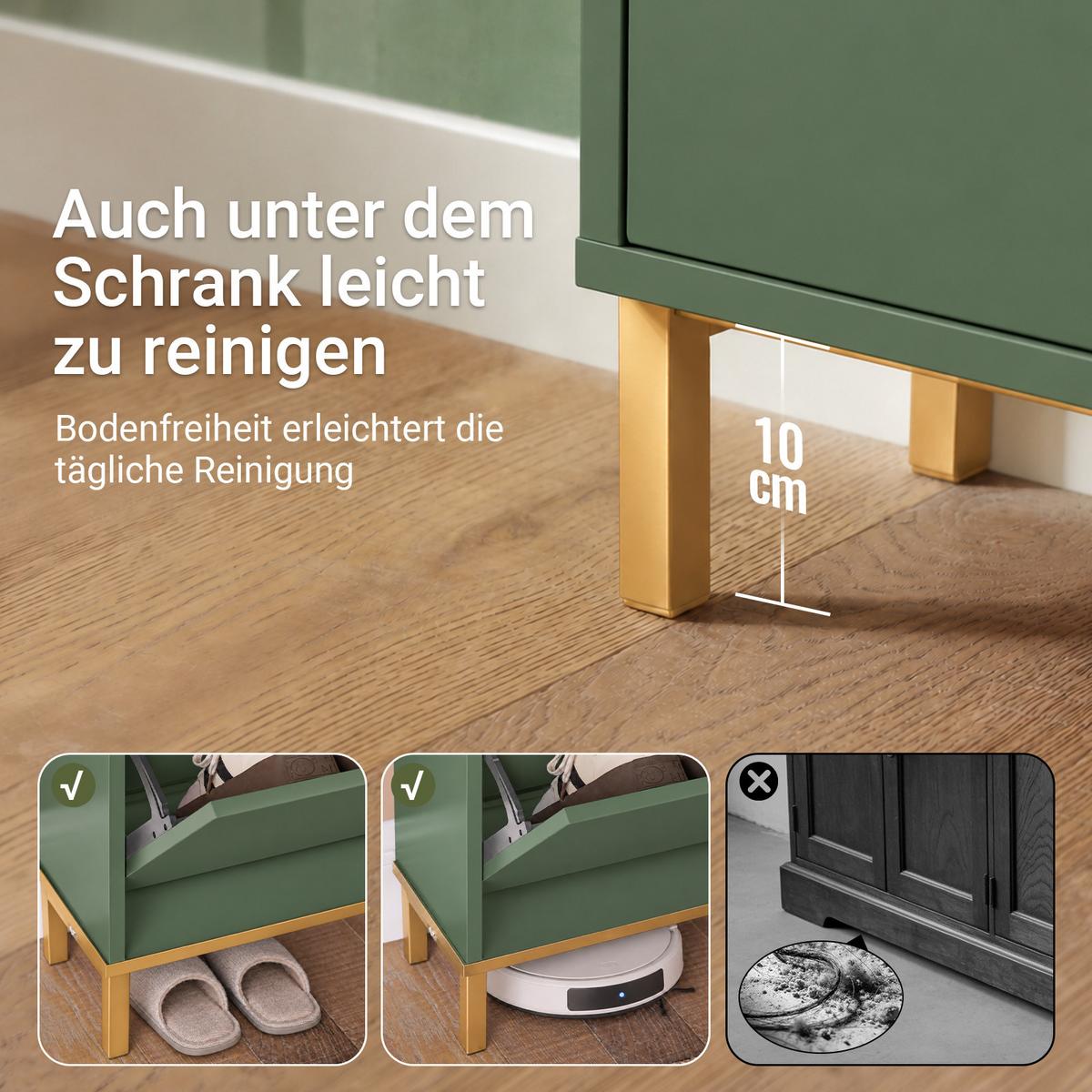 SCHUHSCHRANK dunkelgrün, 100x91x19 cm, 4 Klappen für 8 Paar, goldene Metallfüße, bis EU 47, nur 19 cm tief - Dunkelgrün, Holzwerkstoff/Metall (100/91/19cm) - SoBuy