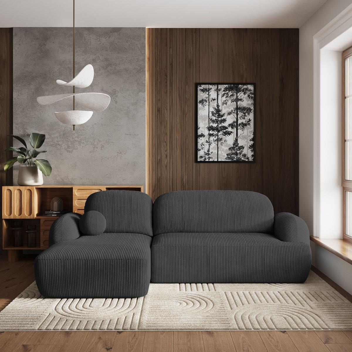 ECKSOFA MODENZA P L-S Graphitfarben Kordstoff mit Schlaffunktion - Graphitfarben/Schwarz, Holz/Kunststoff (266/148cm) - MASSENO