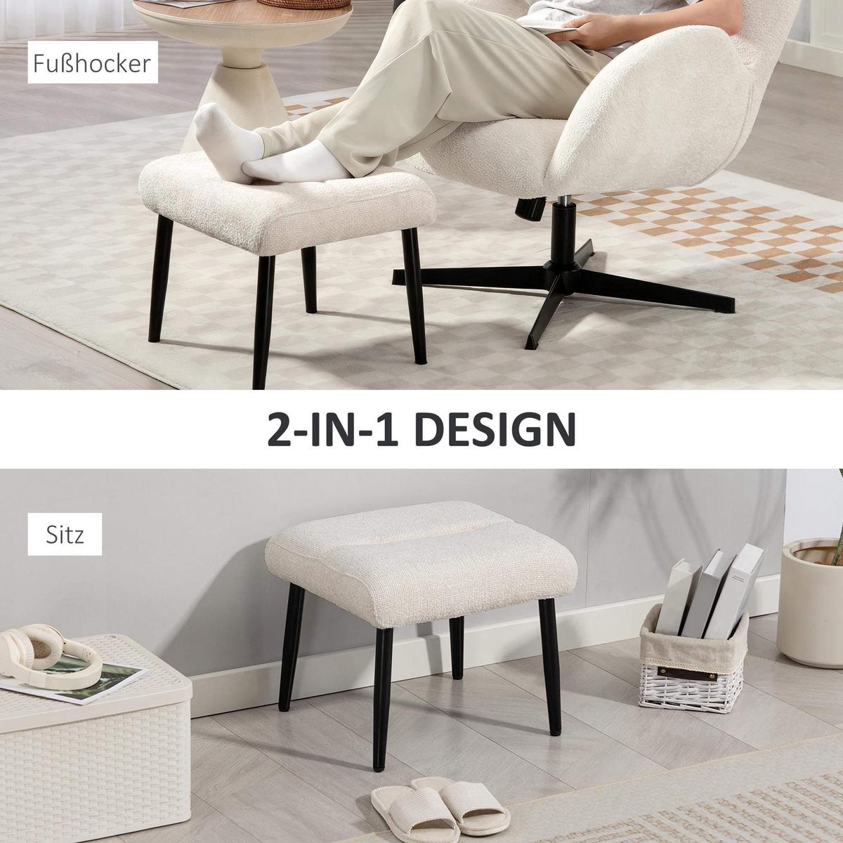 SITZHOCKER mit Stahlbeinen Fußhocker Chenille-Stoff - Creme/Schwarz, Textil/Metall (41/38/45cm) - HOMCOM