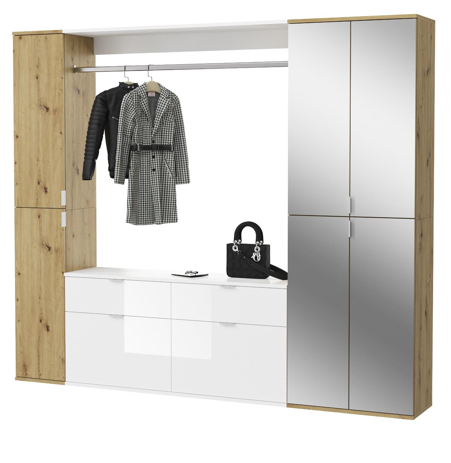 GARDEROBEN-SET Eiche, weiß Hochglanz 212 cm, Komplettset mit Spiegel - Chromfarben/Weiß Hochglanz, Glas/Holzwerkstoff (212/193/34cm) - Inn.Furn