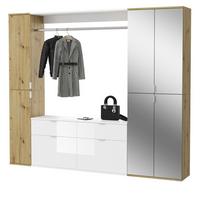 GARDEROBEN-SET Eiche, weiß Hochglanz 212 cm, Komplettset mit Spiegel - Chromfarben/Weiß Hochglanz, Glas/Holzwerkstoff (212/193/34cm) - Inn.Furn