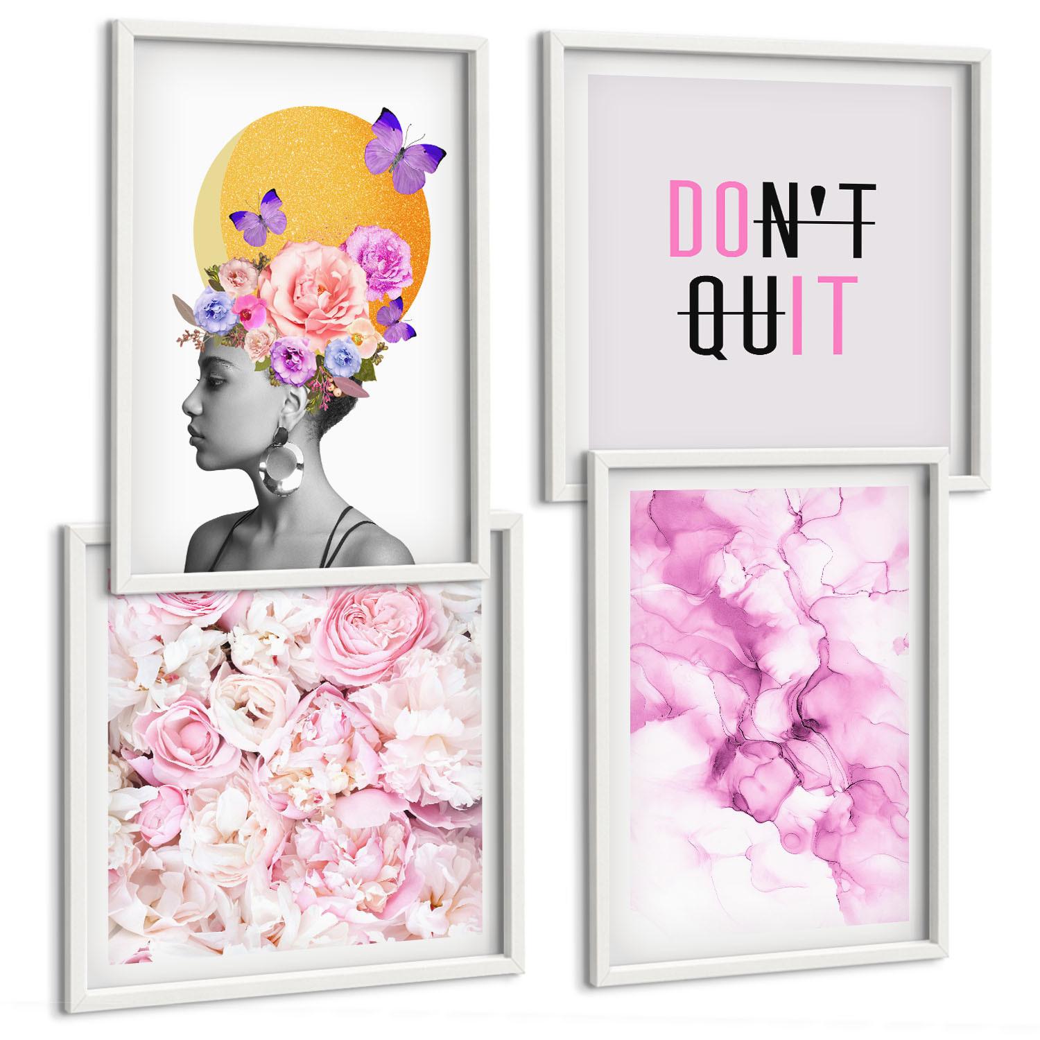 BILDER SET 4er Set - 50x50 cm & 40x60 cm Weißer Rahmen - Abstraktes Blumenporträt einer Frau - Weiß, Kunststoff (50/50cm) - TULUP