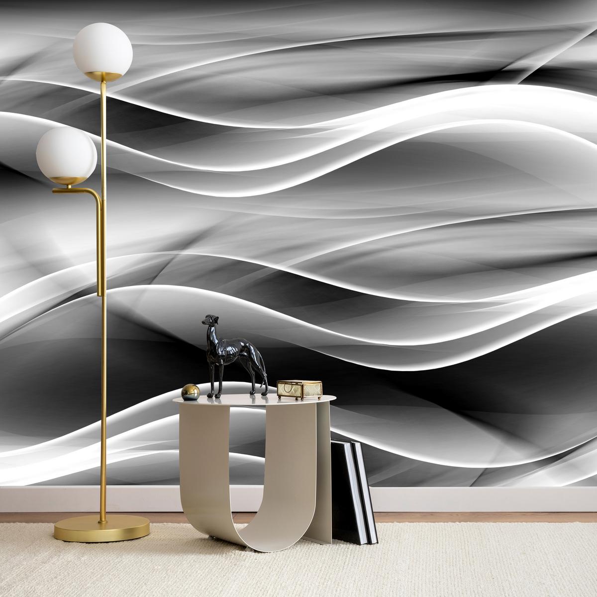 FOTOTAPETE für Badezimmer Abstrakte Monochrom Wellen Modern 400x280 - Schwarz/Weiß, Papier (400/280cm) - Muralo
