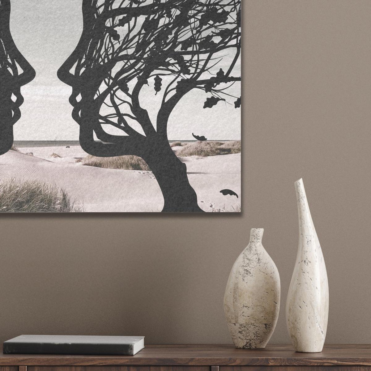 AKUSTIKBILD Strand - Meer - Menschen - Baum - Moderne Kunst Wandbilder 60x60 cm - Hellgrau, Kunststoff (60/60/0.9cm) - MuchoWow