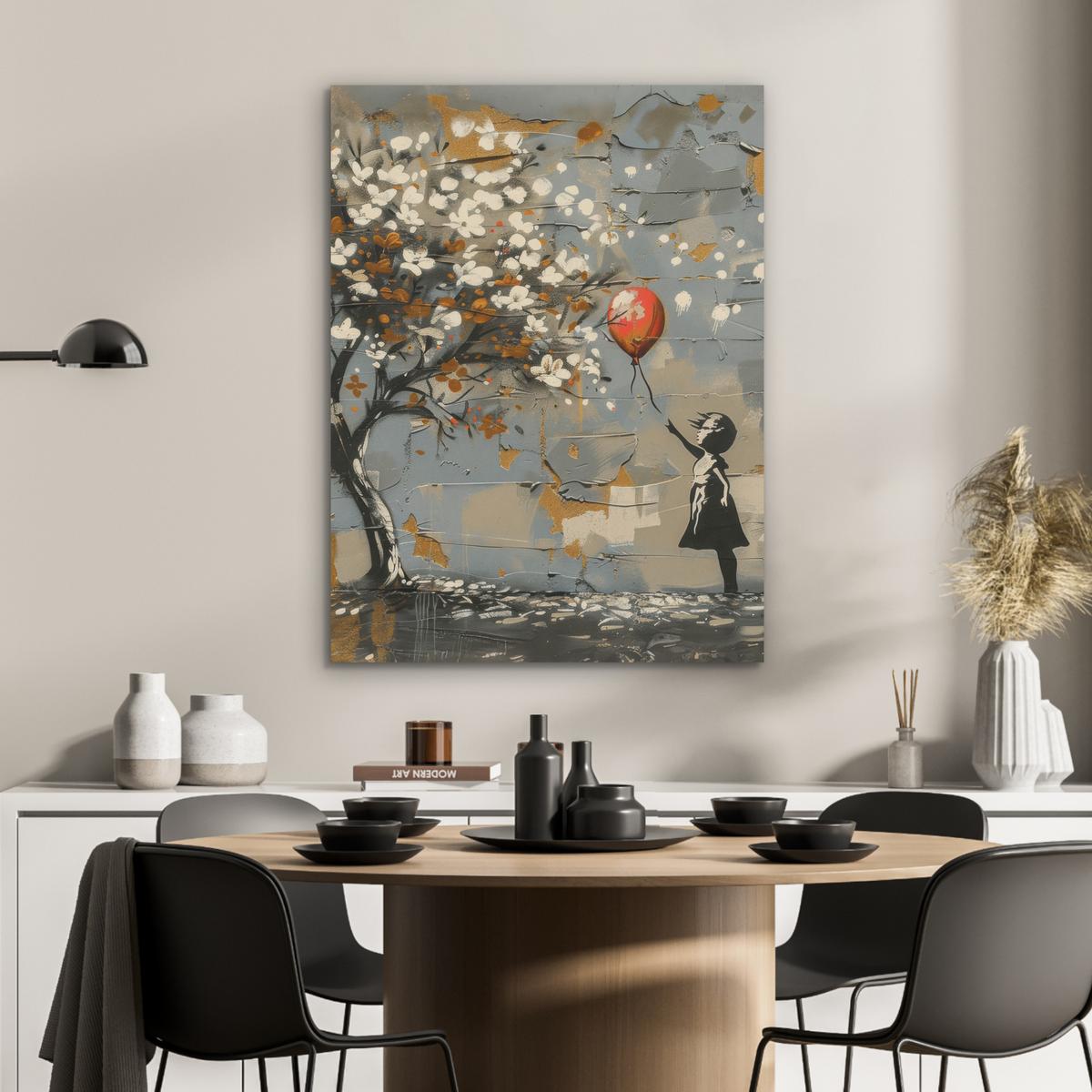AKUSTIKBILD Baum - Graffiti - Banksy-Stil - Ballon-Mädchen Wandbilder 60x80 cm - Blaugrau, Kunststoff (60/80/0.9cm) - MuchoWow