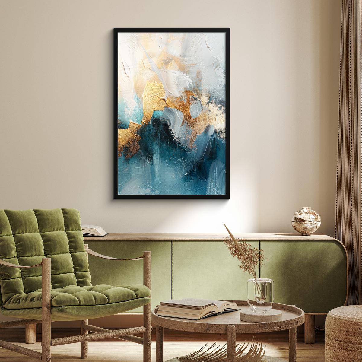 POSTER MIT RAHMENGERAHMTES BILD Abstrakt - Kunst - Gold - Blau 60x90 cm - Petrol, Papier (60/90cm) - MuchoWow