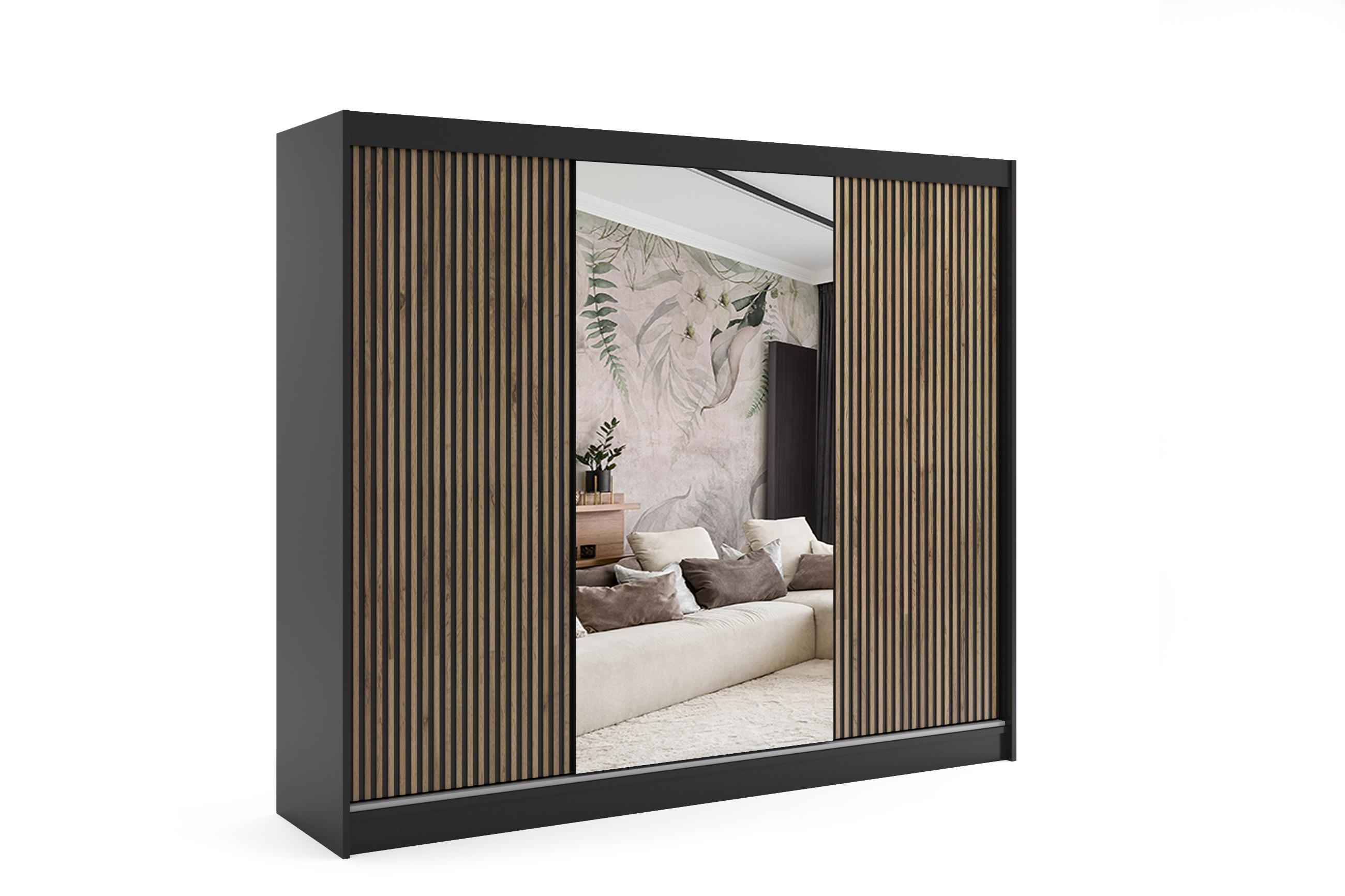 KLEIDERSCHRANK VILAN mit Spiegel - 250 cm - Schwarz|Eiche Wotan - Eiche Wotan/Schwarz, Holzwerkstoff (250/215/61cm) - ALTDECOR