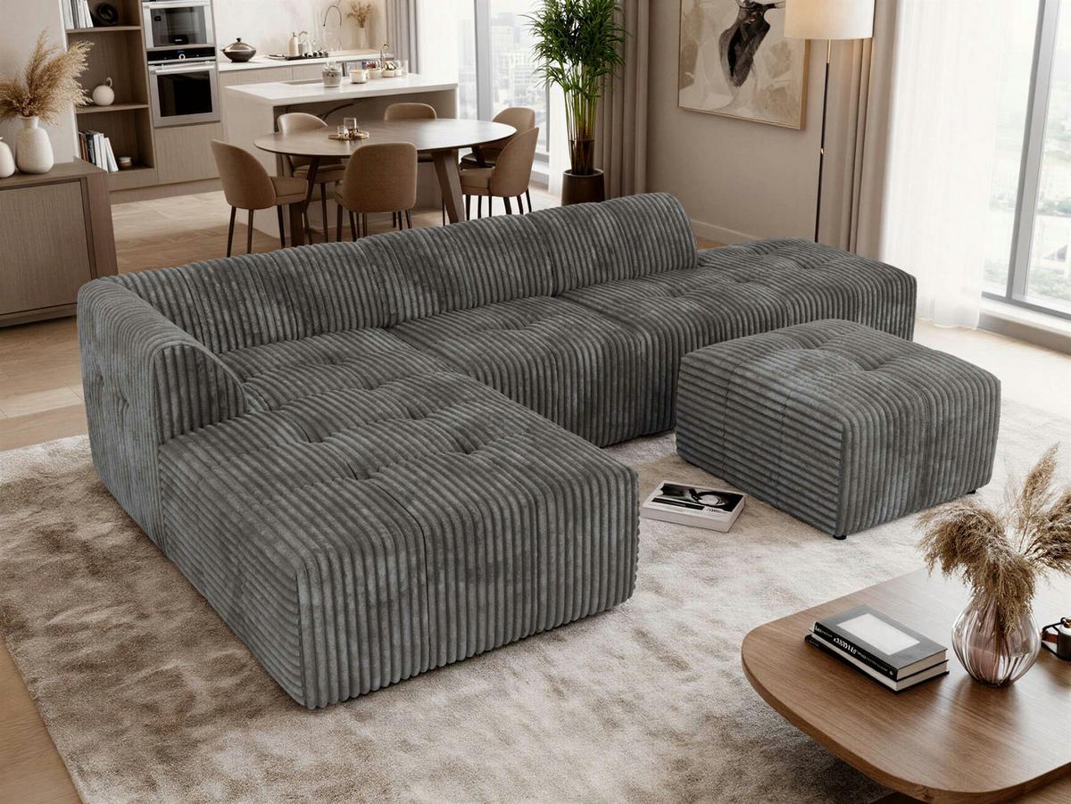 ECKSOFA GRIDA 4M L Grau Cord - Links - Schwarz/Grau, Kunststoff/Textil (335/176cm) - MKS
