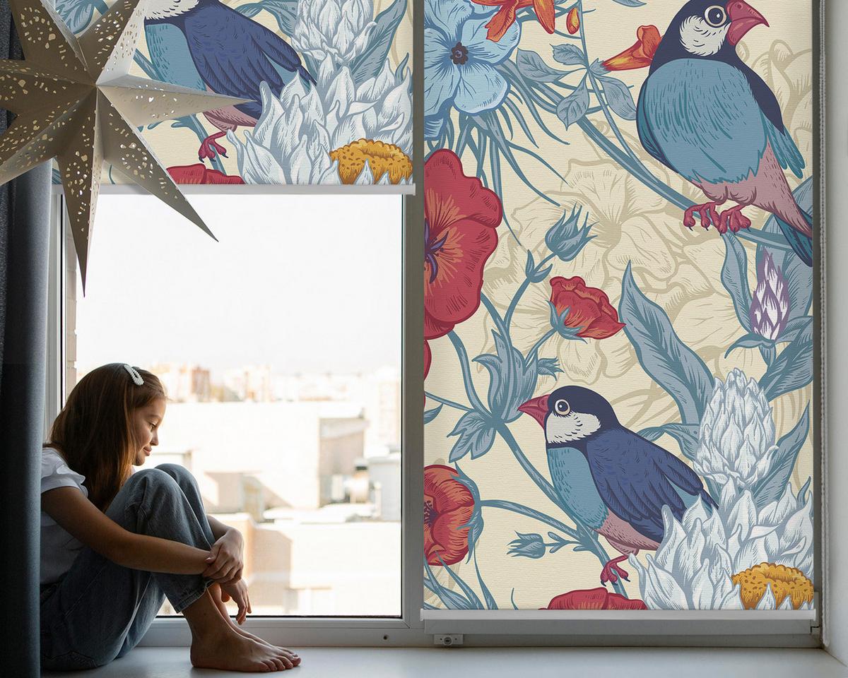 INNENROLLO - Fensterrollo - Rollo - 150x180 cm - Vögel zwischen den Blumen - Grau, Kunststoff (150/180/0.5cm) - TULUP